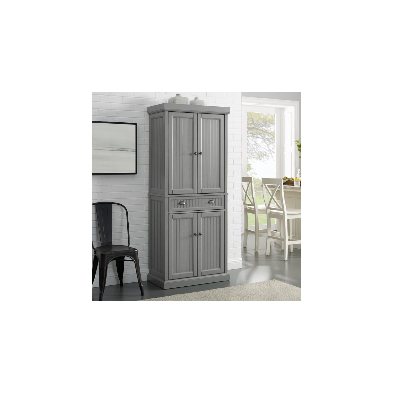 Crosley Seaside Wooden Coastal Pantry in Distressed Gray