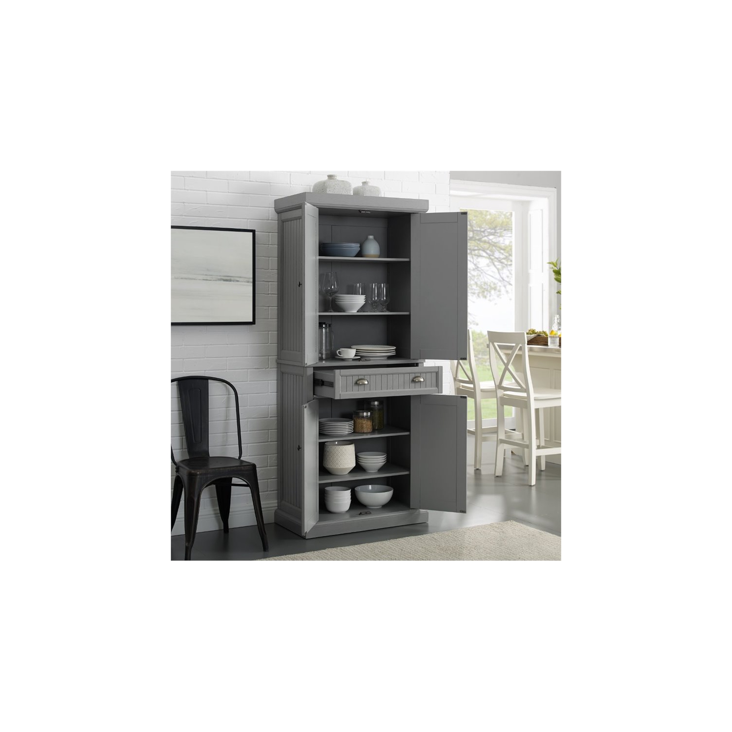 Crosley Seaside Wooden Coastal Pantry in Distressed Gray
