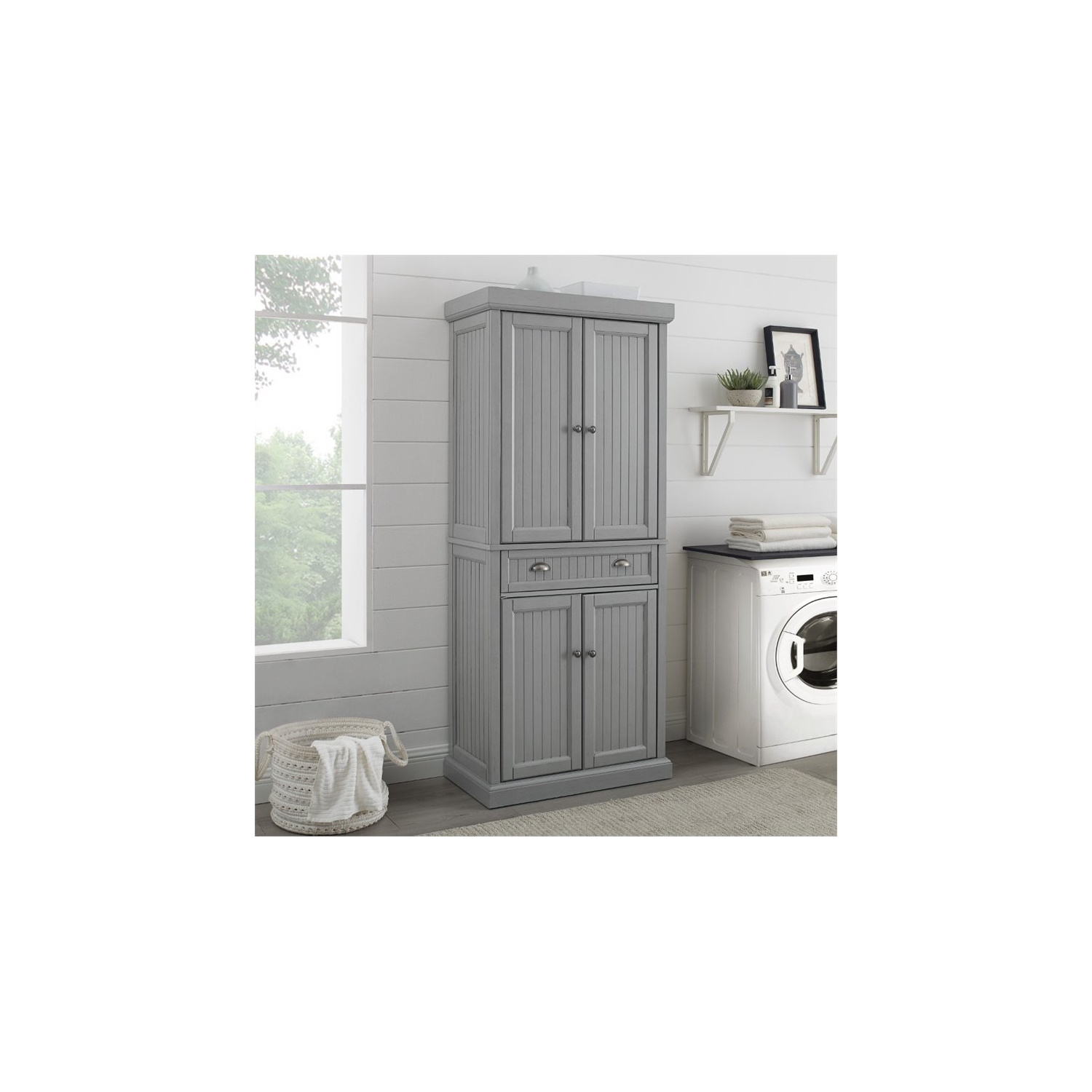 Crosley Seaside Wooden Coastal Pantry in Distressed Gray