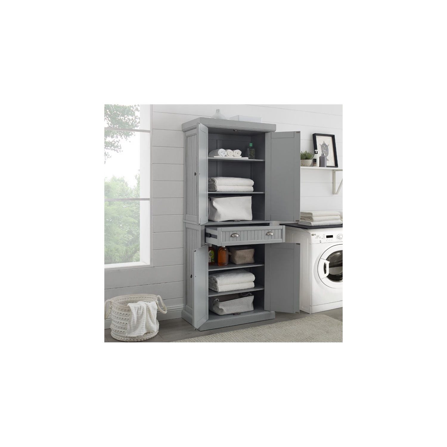 Crosley Seaside Wooden Coastal Pantry in Distressed Gray