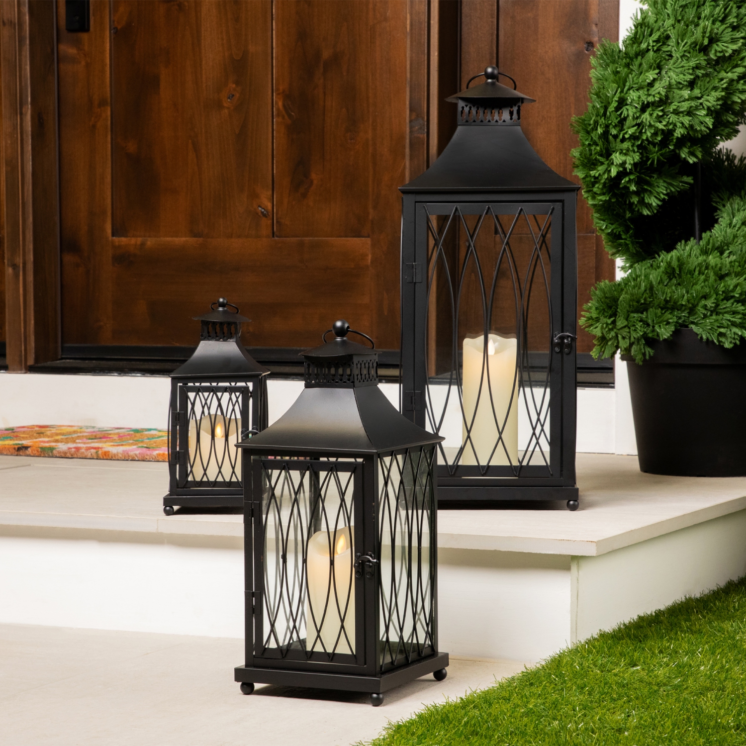Lattice Style Metal Candle Lanterns - 22.75" - Black - Set of 3