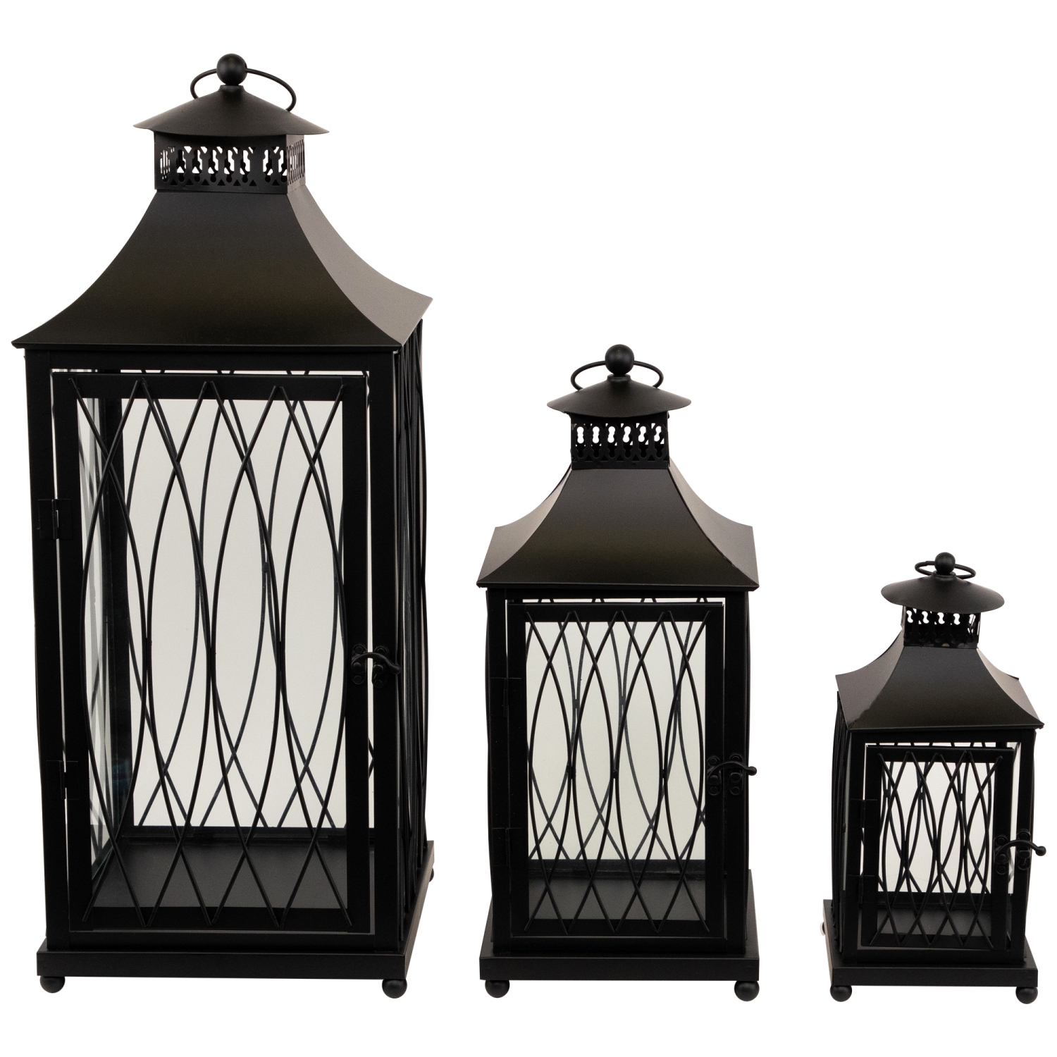 Lattice Style Metal Candle Lanterns - 22.75" - Black - Set of 3