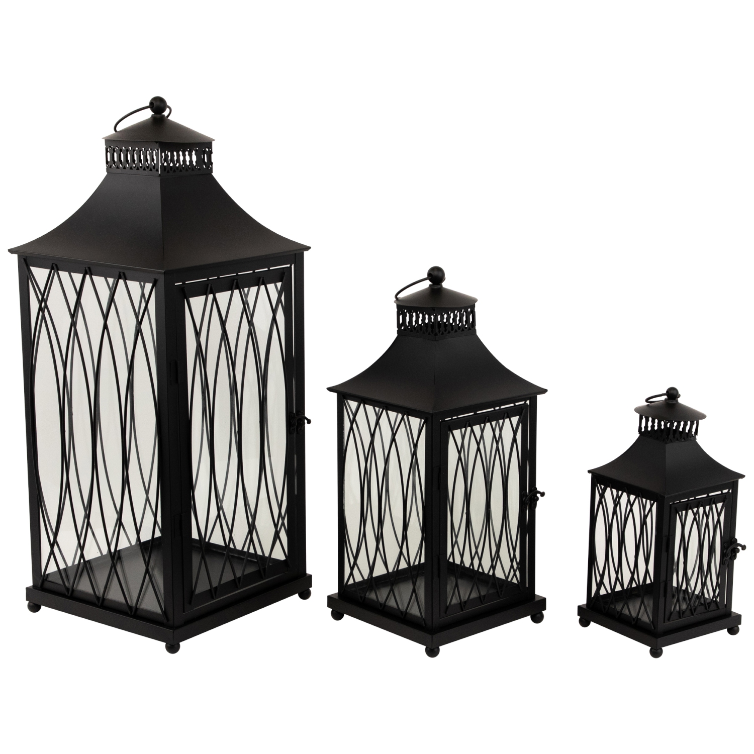 Lattice Style Metal Candle Lanterns - 22.75" - Black - Set of 3