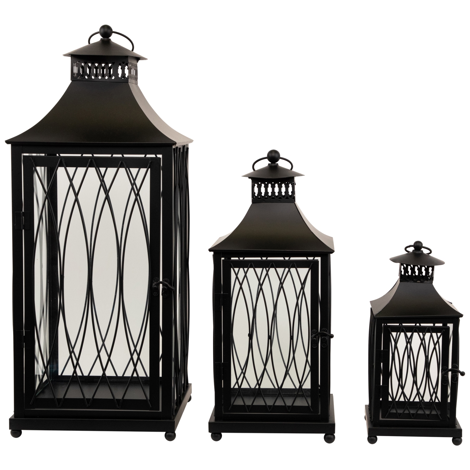 Lattice Style Metal Candle Lanterns - 22.75" - Black - Set of 3