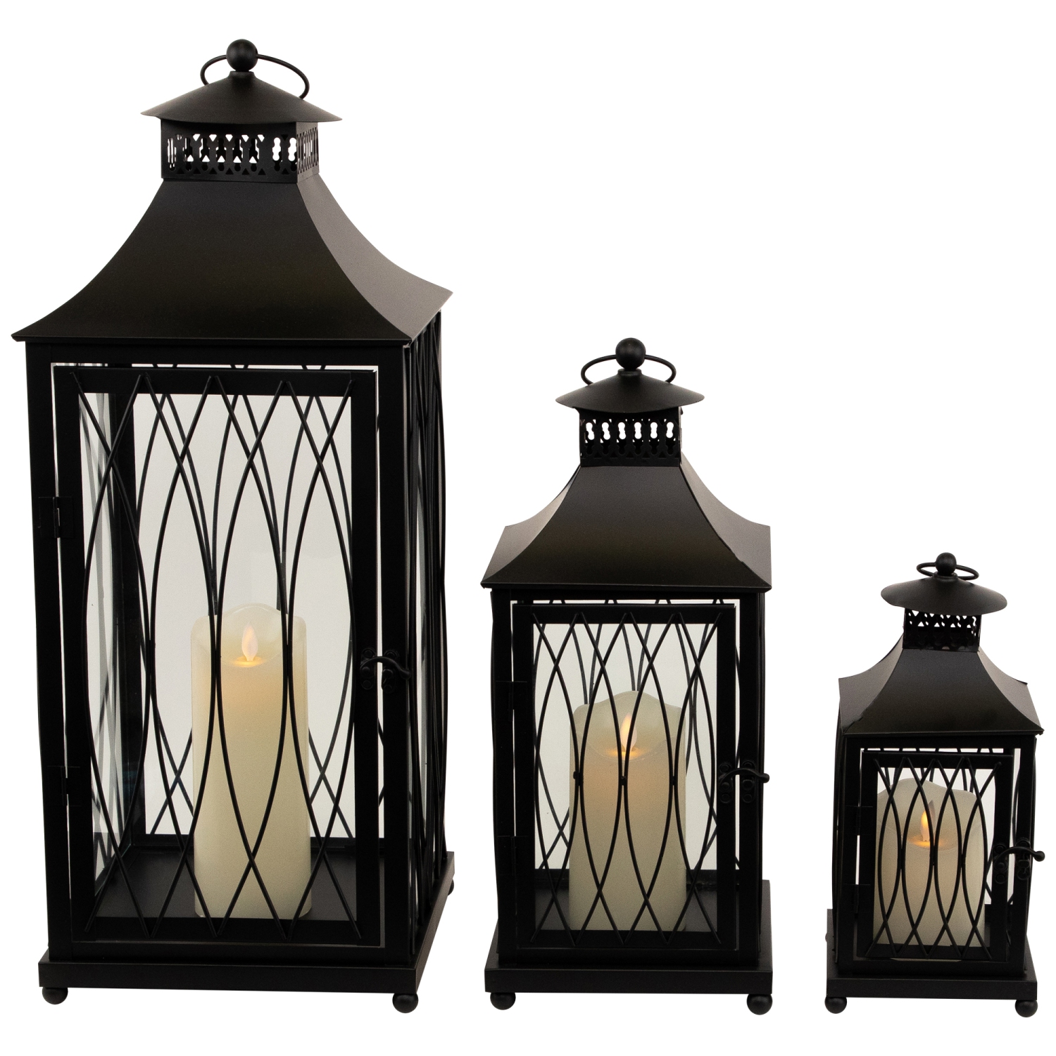 Lattice Style Metal Candle Lanterns - 22.75" - Black - Set of 3