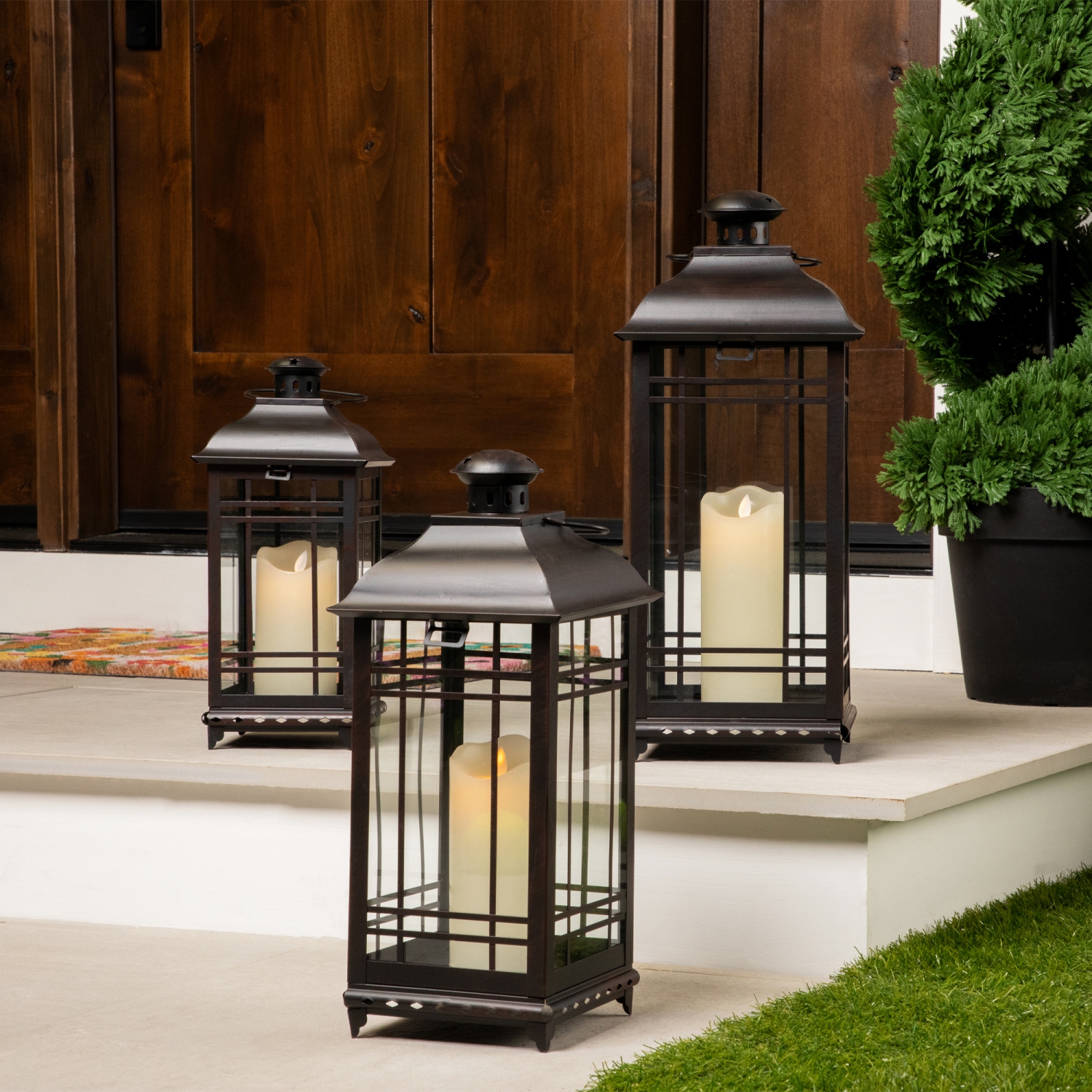 Distressed Mission Style Metal Candle Lanterns - 19.5" - Black - Set of 3