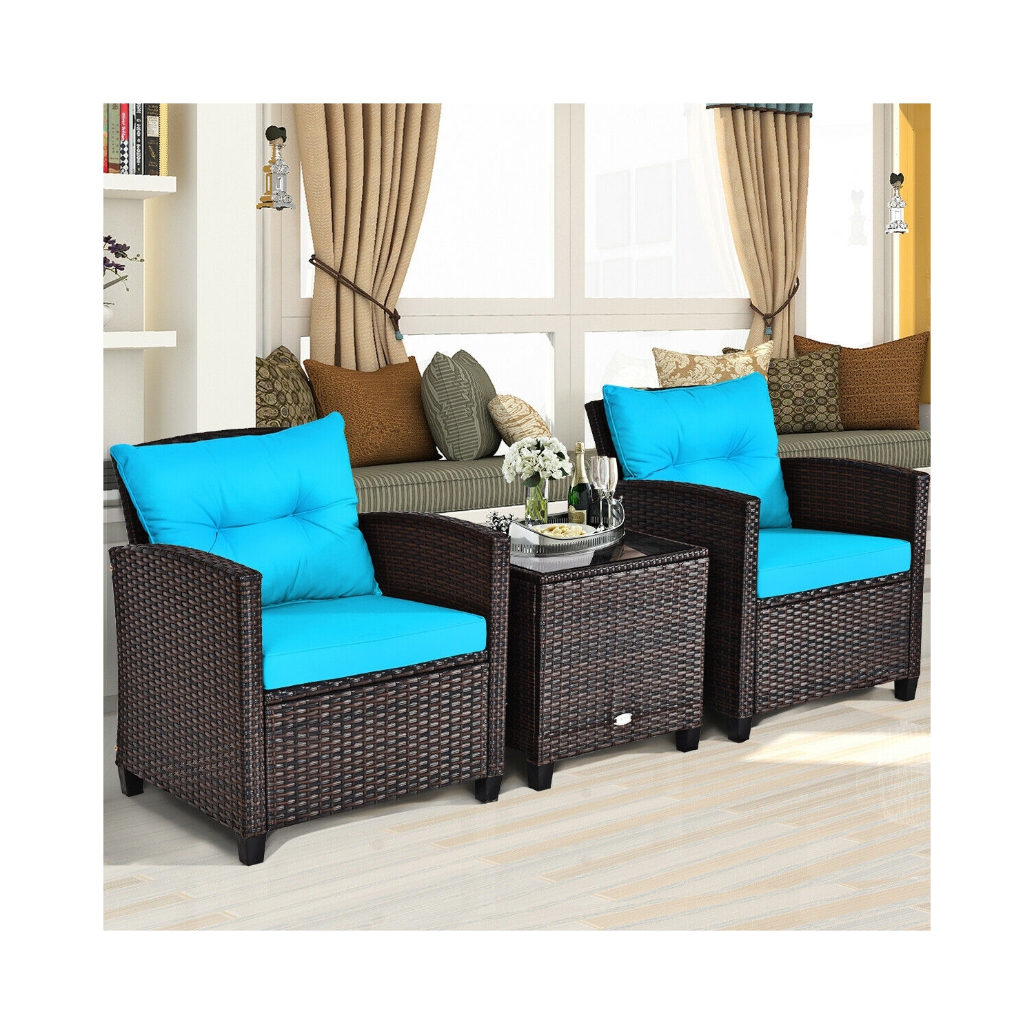 3-Piece Rattan Patio Furniture Set with Washable Cushions for Outdoor Comfort