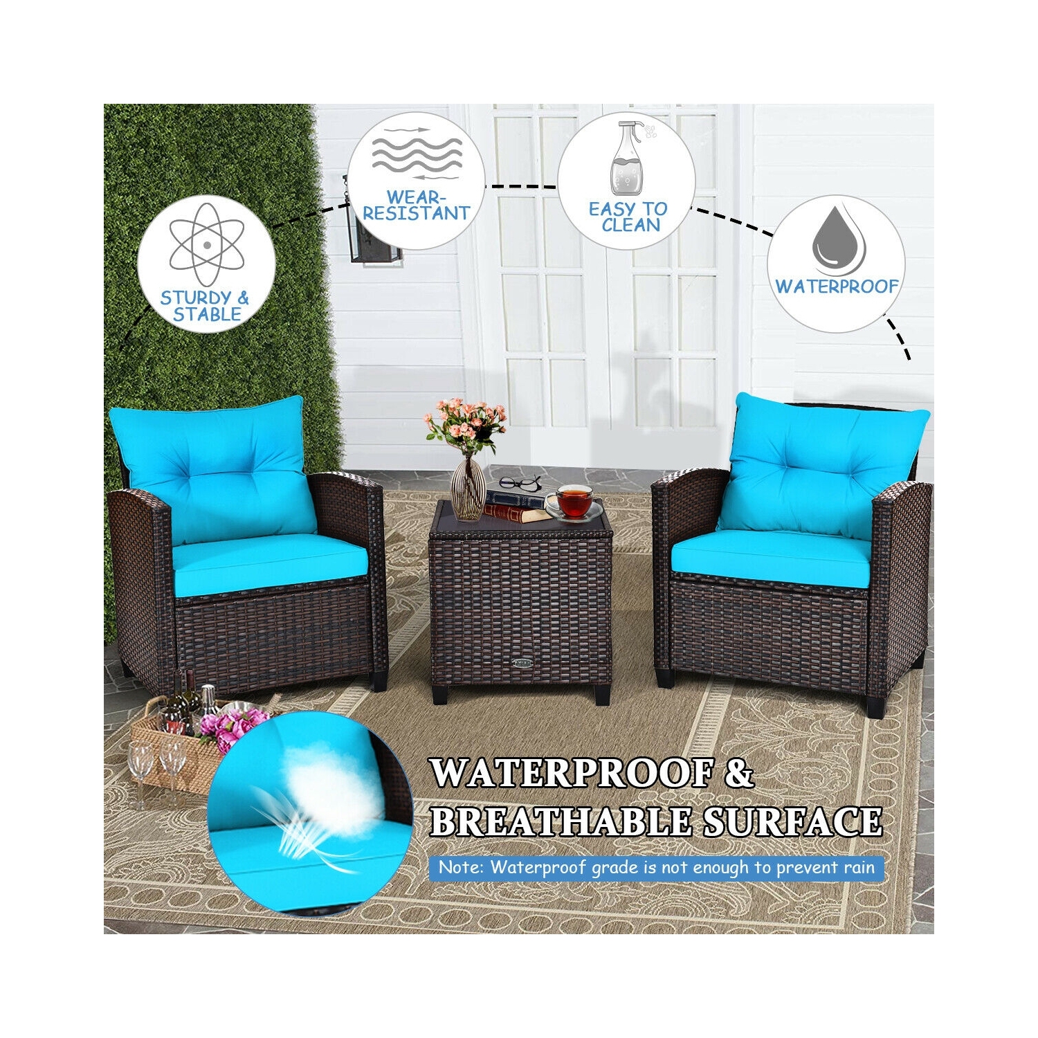 3-Piece Rattan Patio Furniture Set with Washable Cushions for Outdoor Comfort