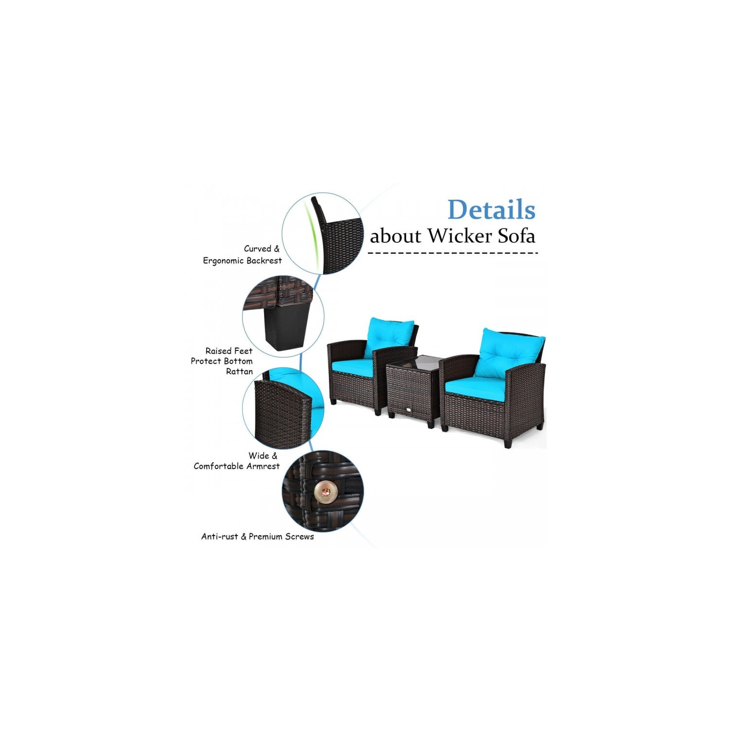 3-Piece Rattan Patio Furniture Set with Washable Cushions for Outdoor Comfort