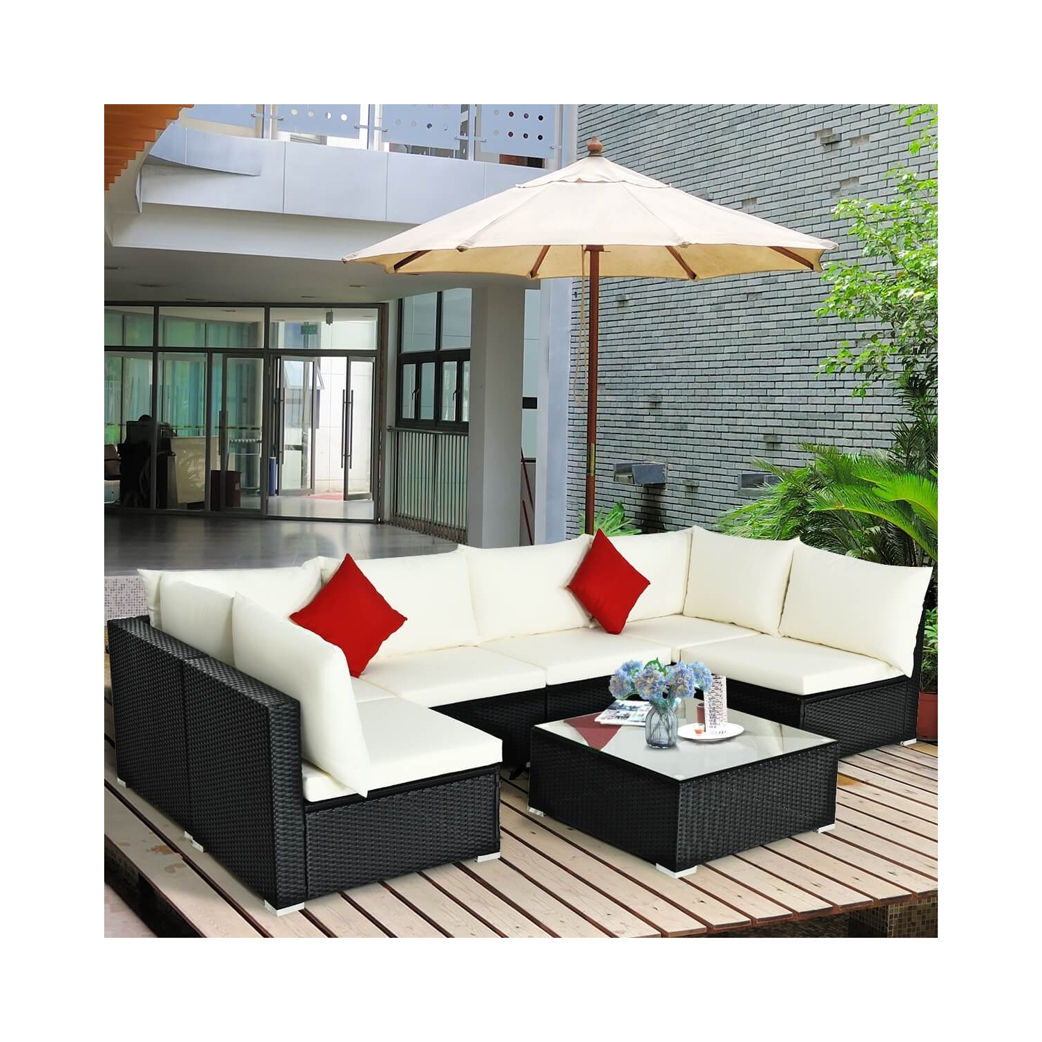 7-Piece Wicker Patio Sofa Set with Cushions, Pillows - Outdoor Furniture