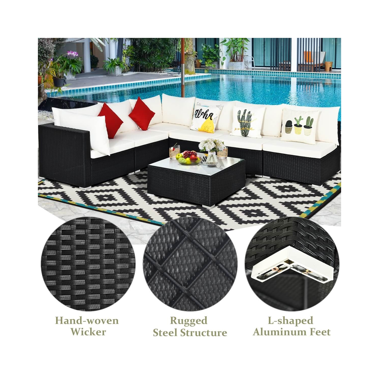 7-Piece Wicker Patio Sofa Set with Cushions, Pillows - Outdoor Furniture