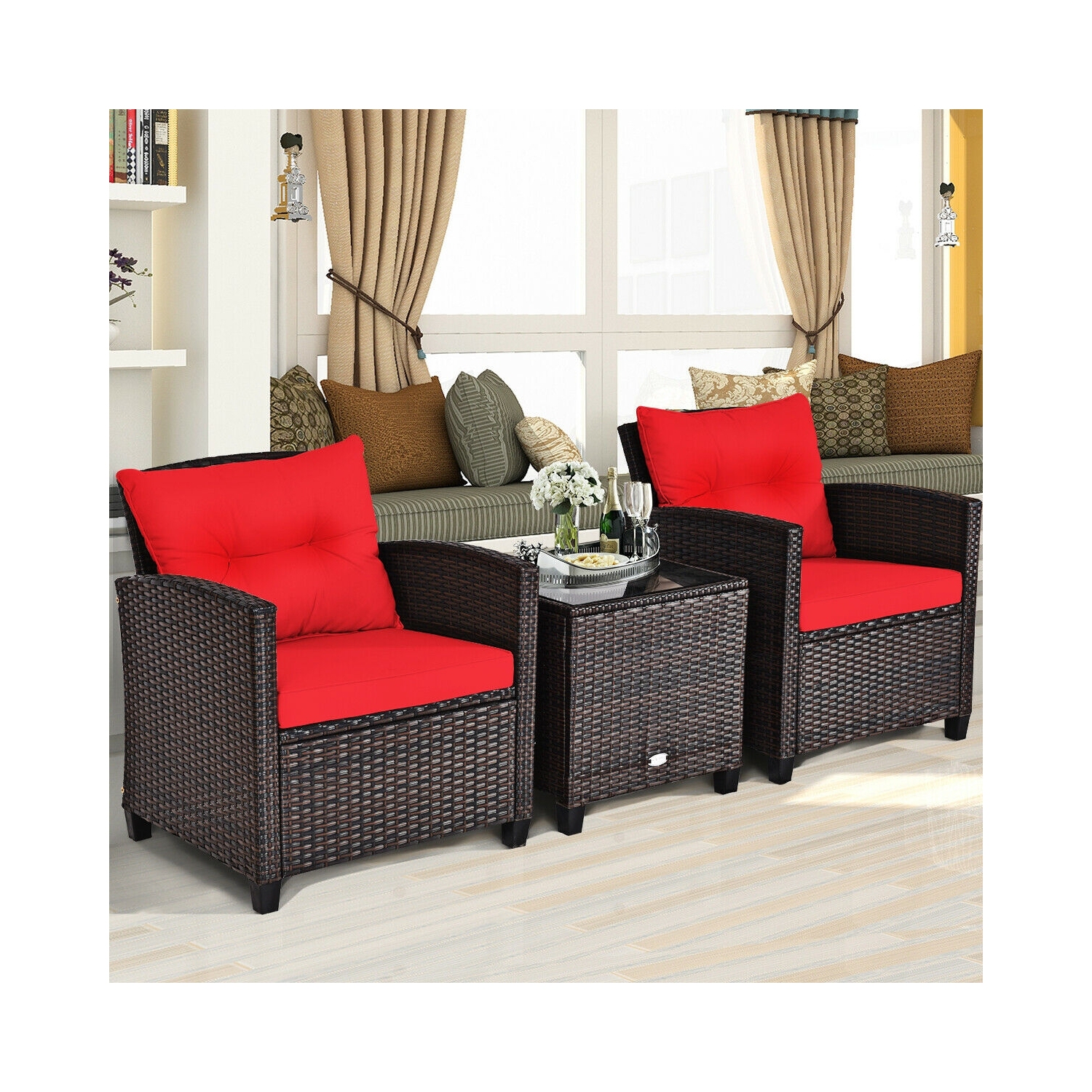 3-Piece Rattan Patio Furniture Set with Washable Cushions for Outdoor Comfort