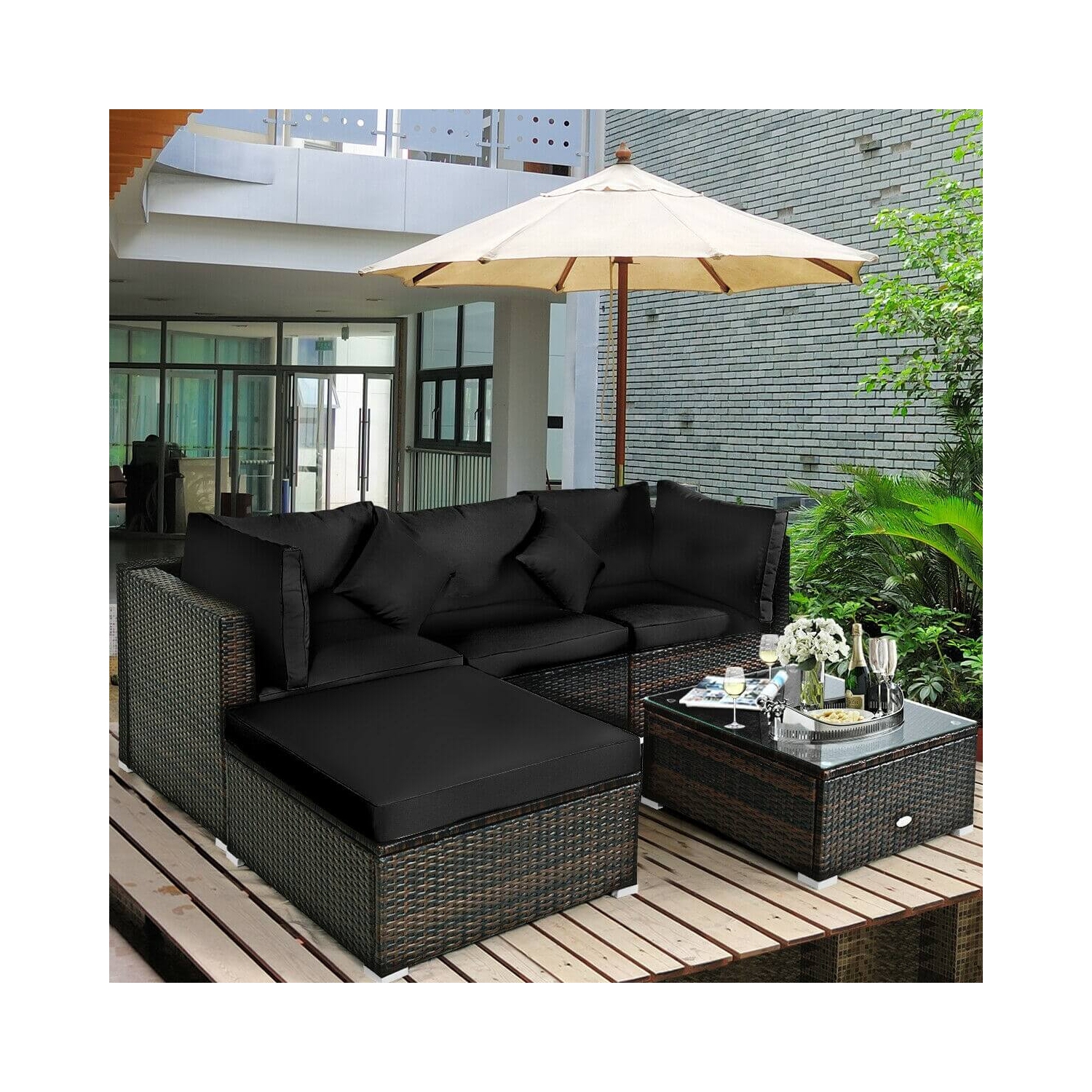 5-Piece Outdoor Patio Rattan Sectional Furniture Set with Cushions for Conversation