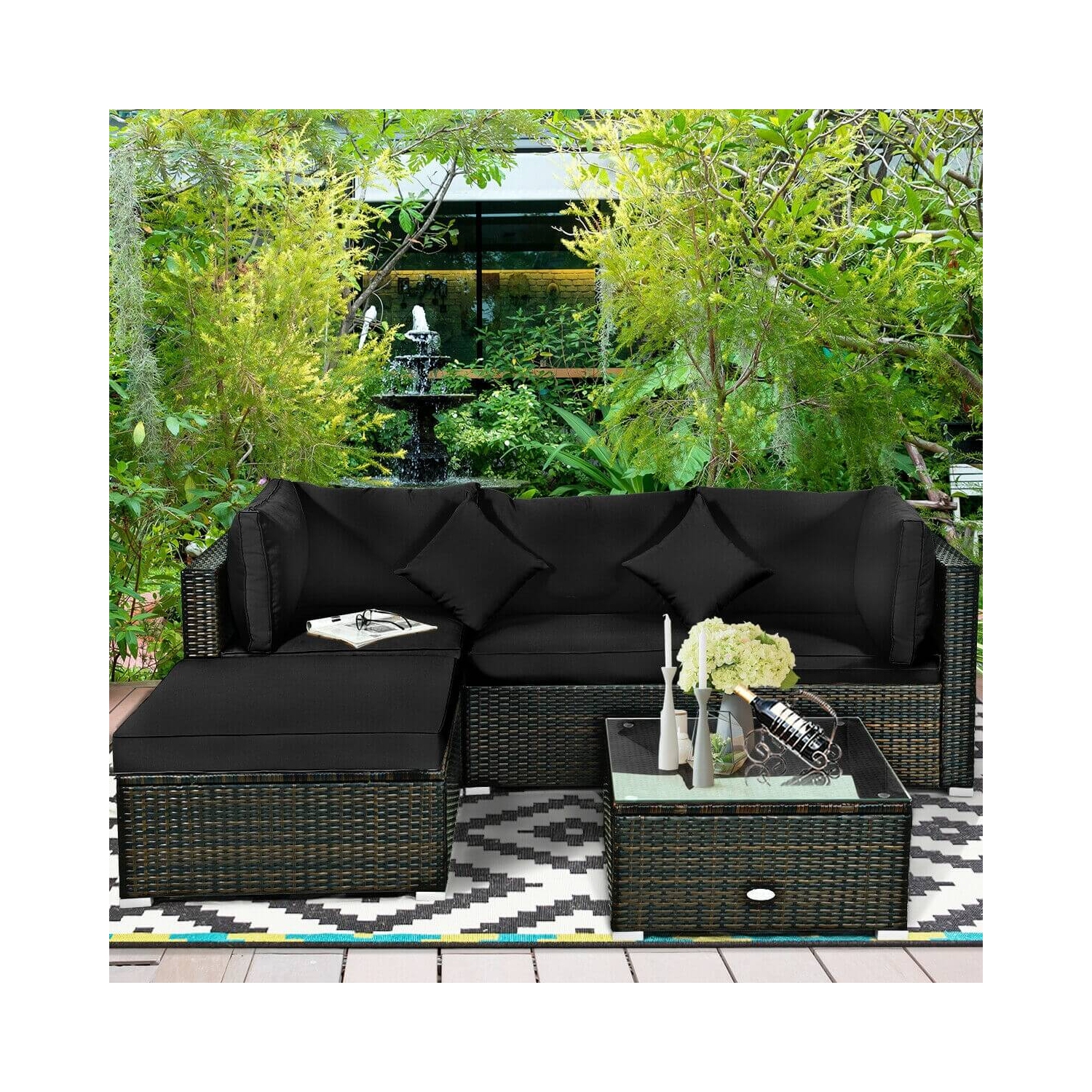 5-Piece Outdoor Patio Rattan Sectional Furniture Set with Cushions for Conversation