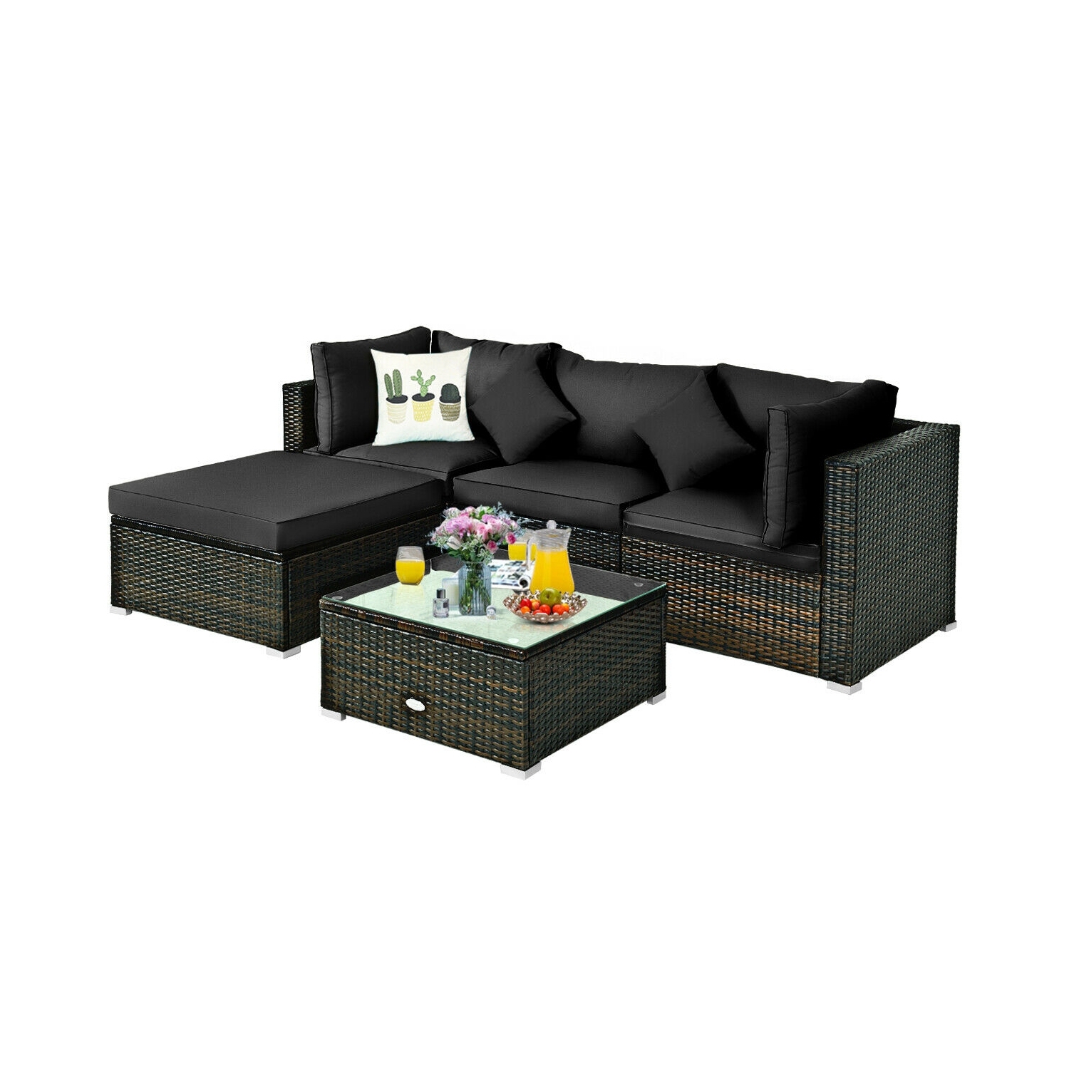 5-Piece Outdoor Patio Rattan Sectional Furniture Set with Cushions for Conversation