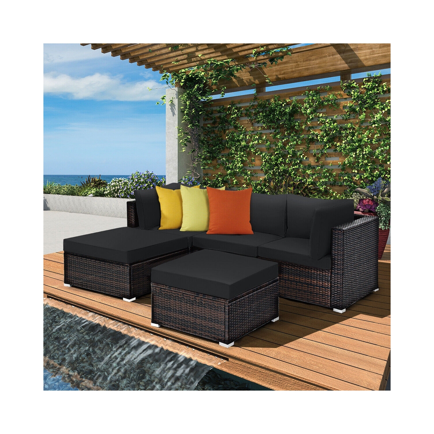 Ensemble de patio modulaire 5 pièces en rotin avec table pouf pour un confort extérieur