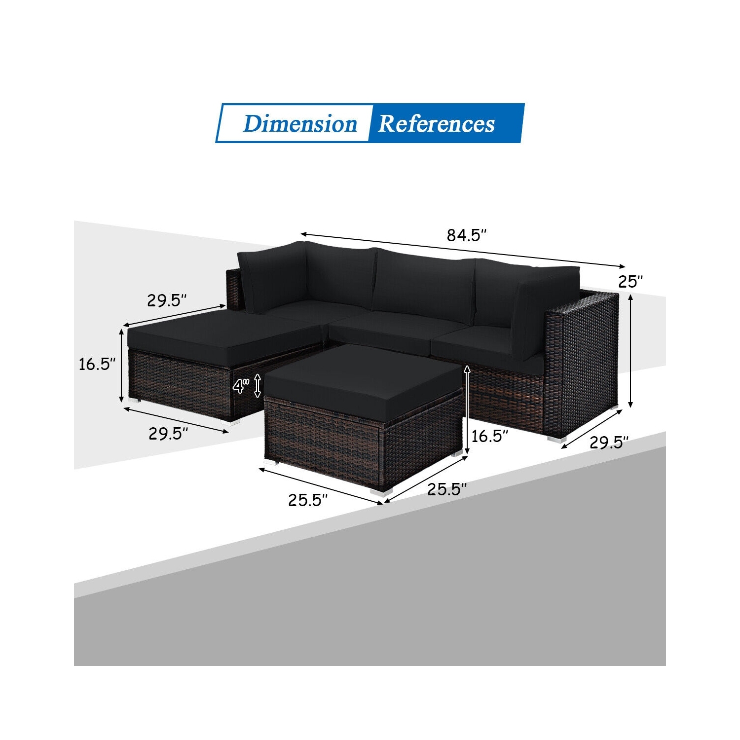 Ensemble de patio modulaire 5 pièces en rotin avec table pouf pour un confort extérieur