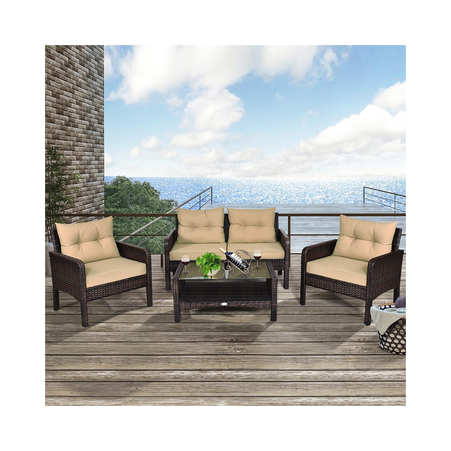 4-Piece Rattan Patio Sofa Set with Cushions and Coffee Table - Free Combination Design