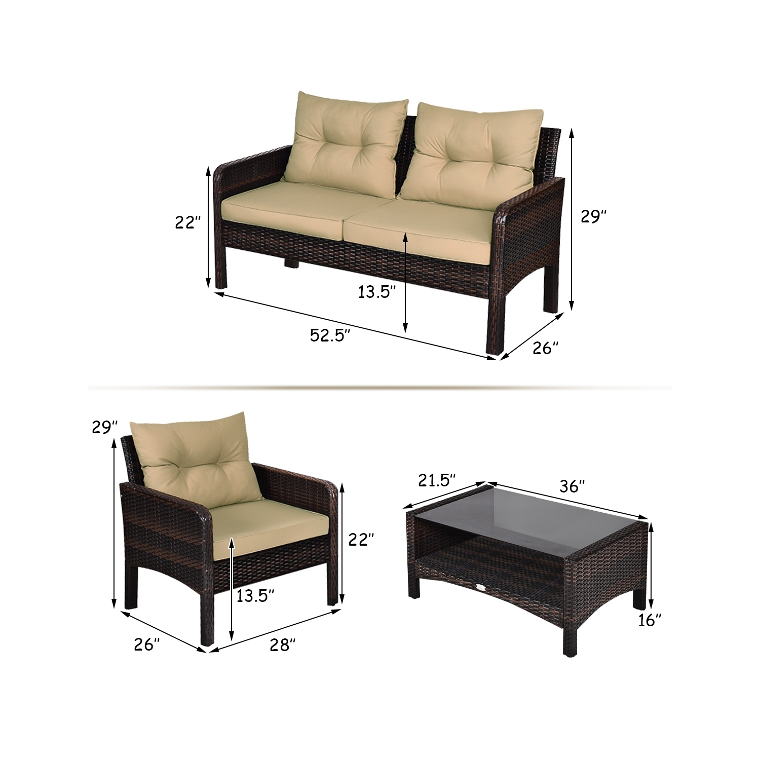 4-Piece Rattan Patio Sofa Set with Cushions and Coffee Table - Free Combination Design