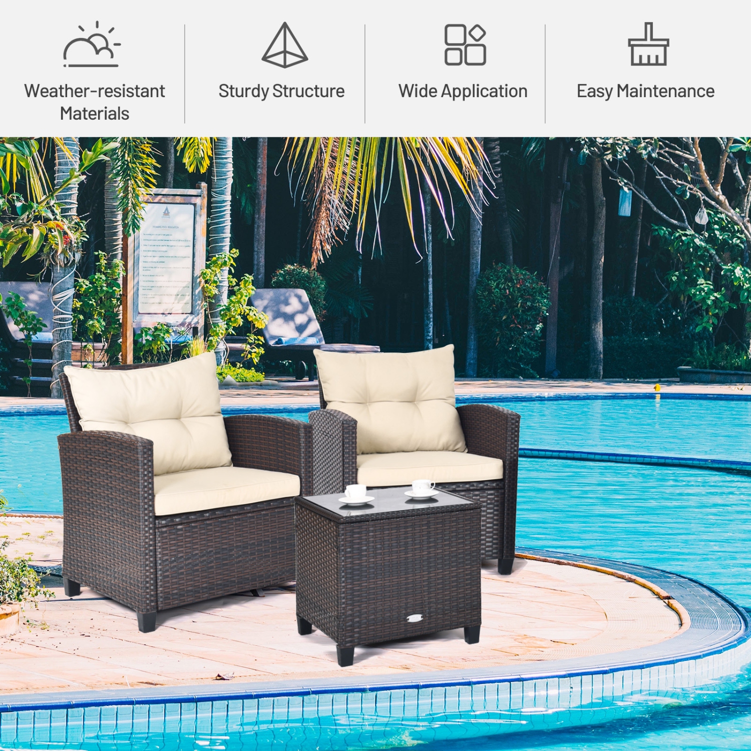 3-Piece Rattan Patio Furniture Set with Washable Cushions for Outdoor Comfort