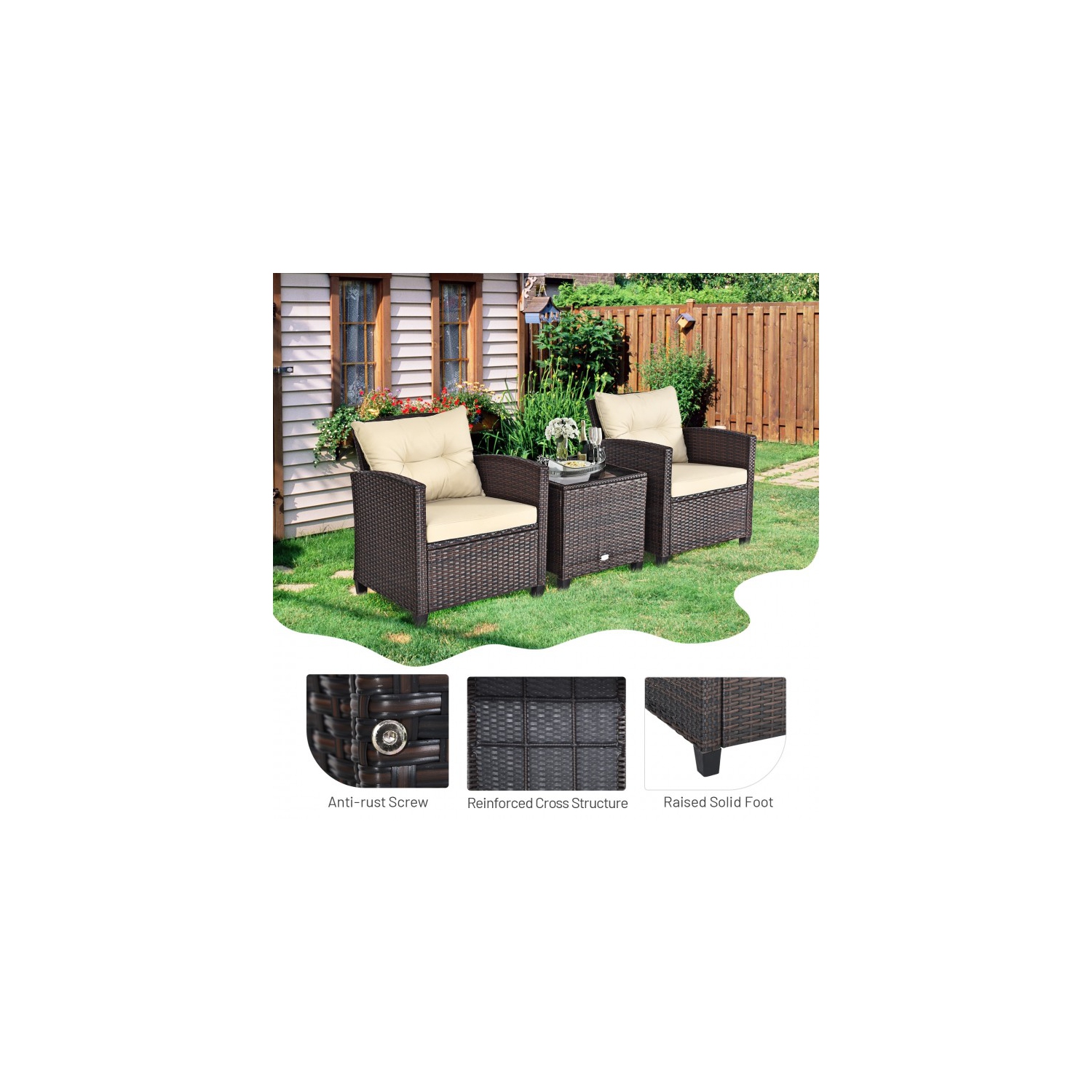 3-Piece Rattan Patio Furniture Set with Washable Cushions for Outdoor Comfort