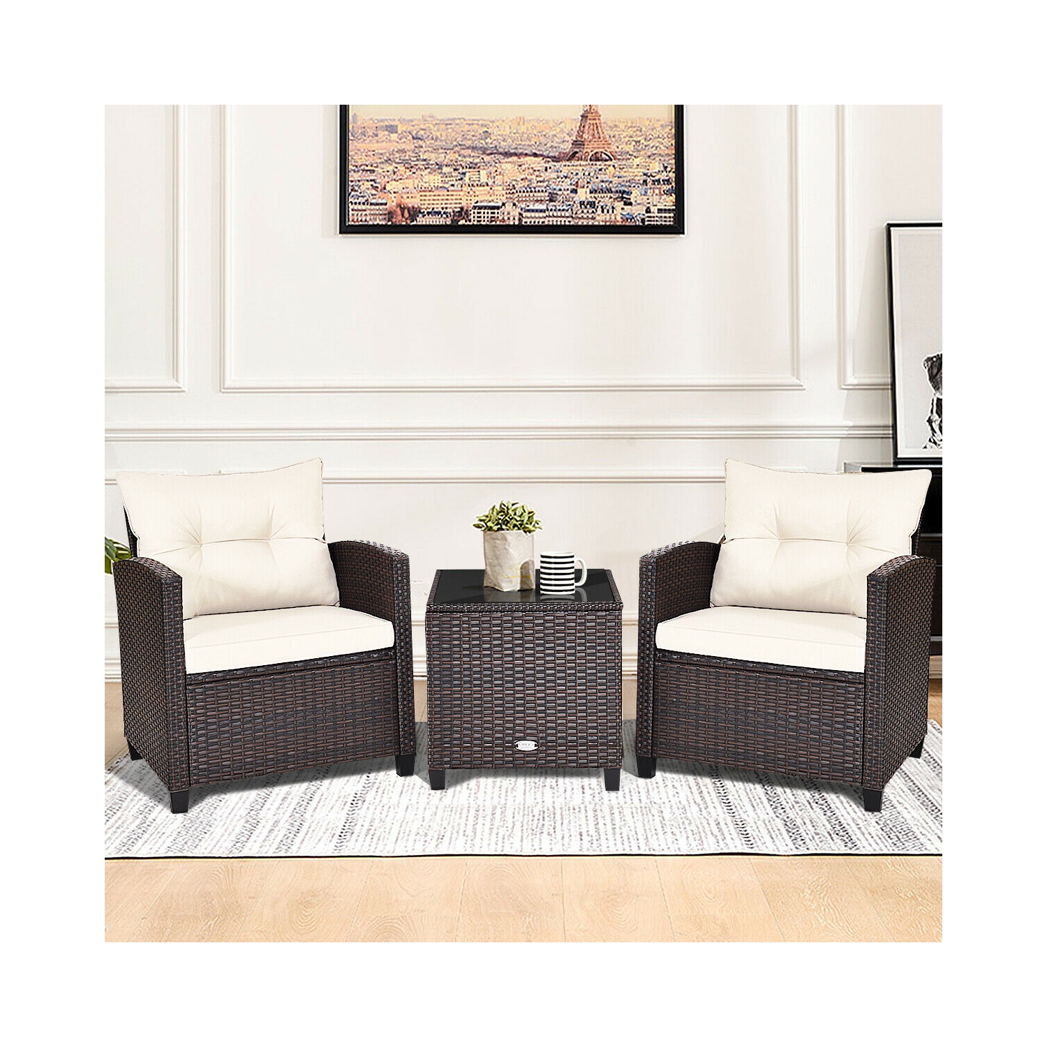 3-Piece Rattan Patio Furniture Set with Washable Cushions for Outdoor Comfort