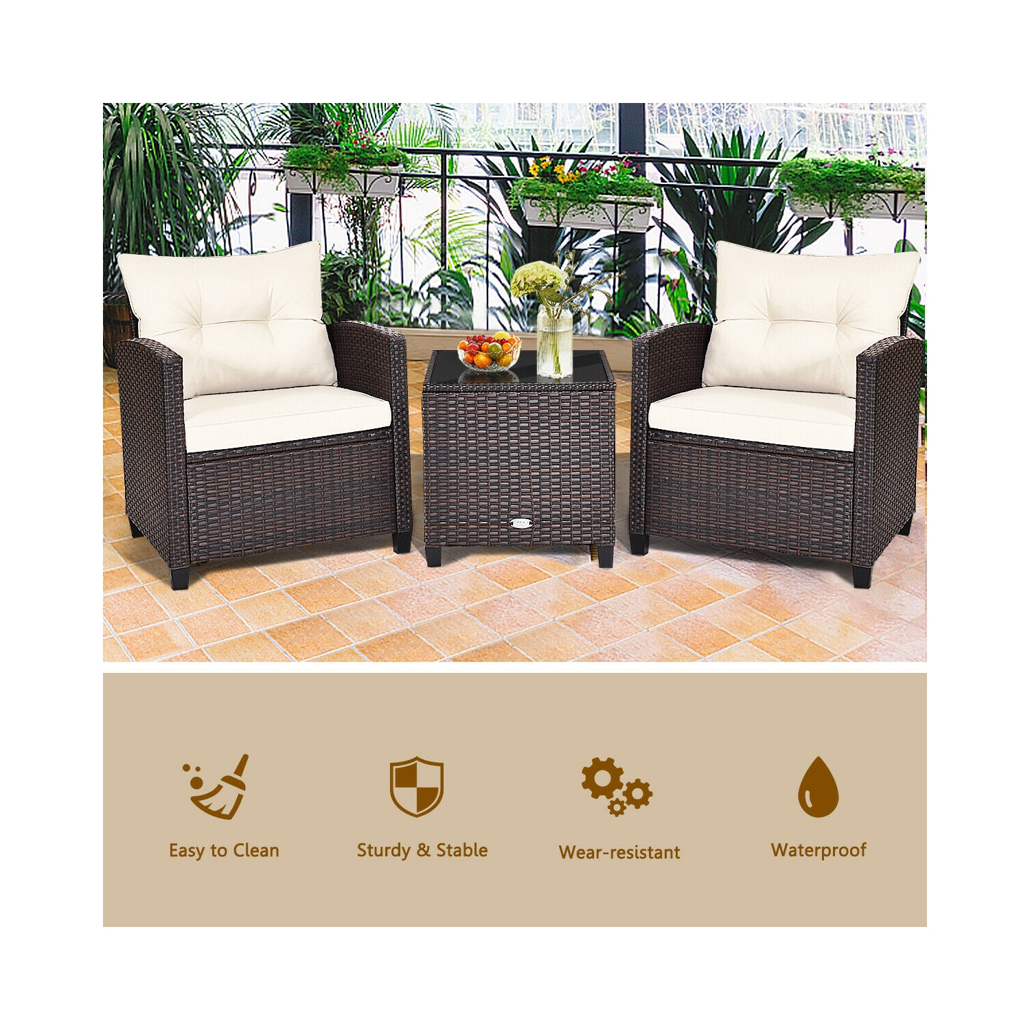 3-Piece Rattan Patio Furniture Set with Washable Cushions for Outdoor Comfort