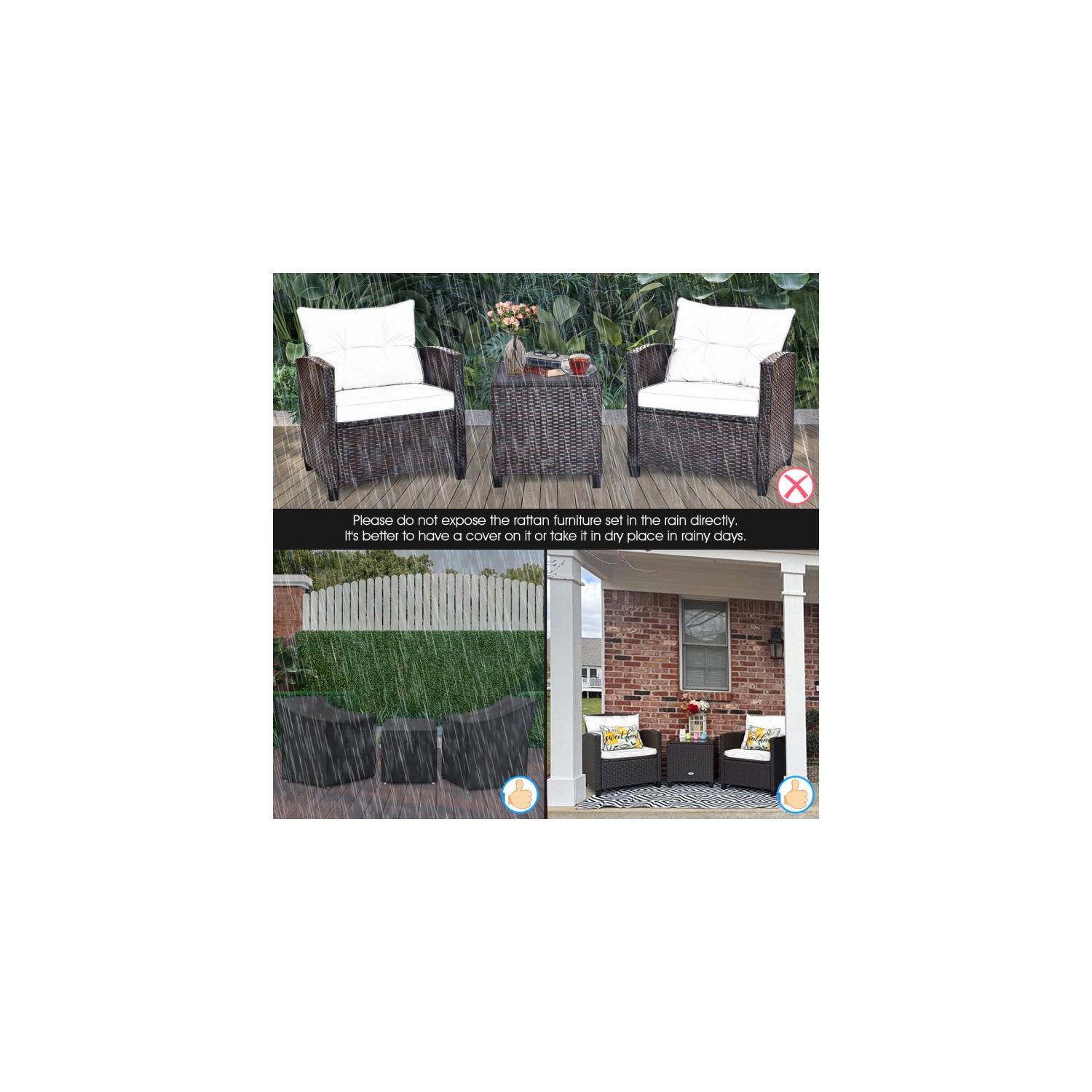 3-Piece Rattan Patio Furniture Set with Washable Cushions for Outdoor Comfort