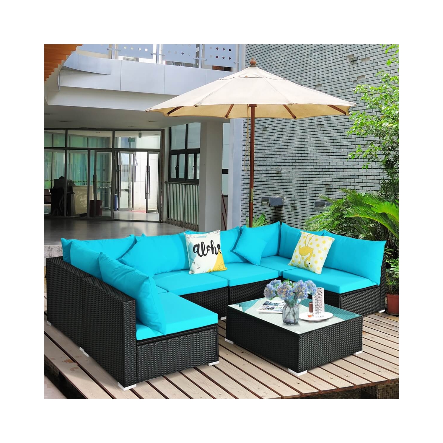 Ensemble de patio en osier 7 pièces avec coussins, oreillers – Meubles d'extérieur