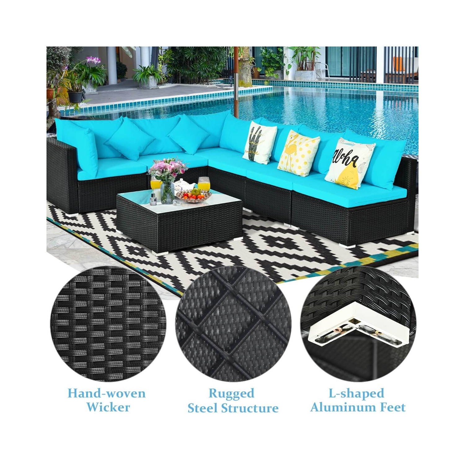 Ensemble de patio en osier 7 pièces avec coussins, oreillers – Meubles d'extérieur