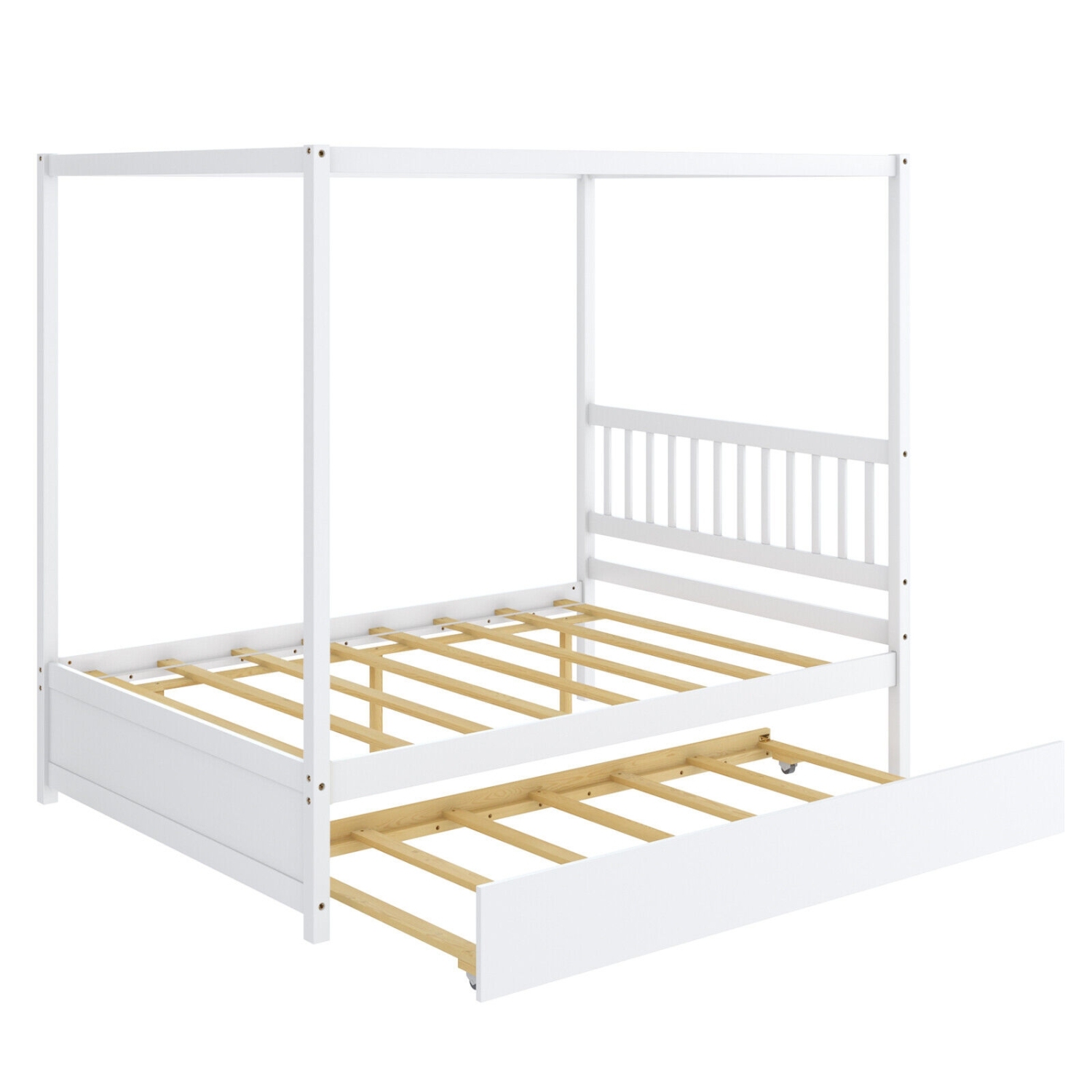 Kids Canopy Bed Frame with Trundle and Headboard – Metal Bed with Underbed Sleeper