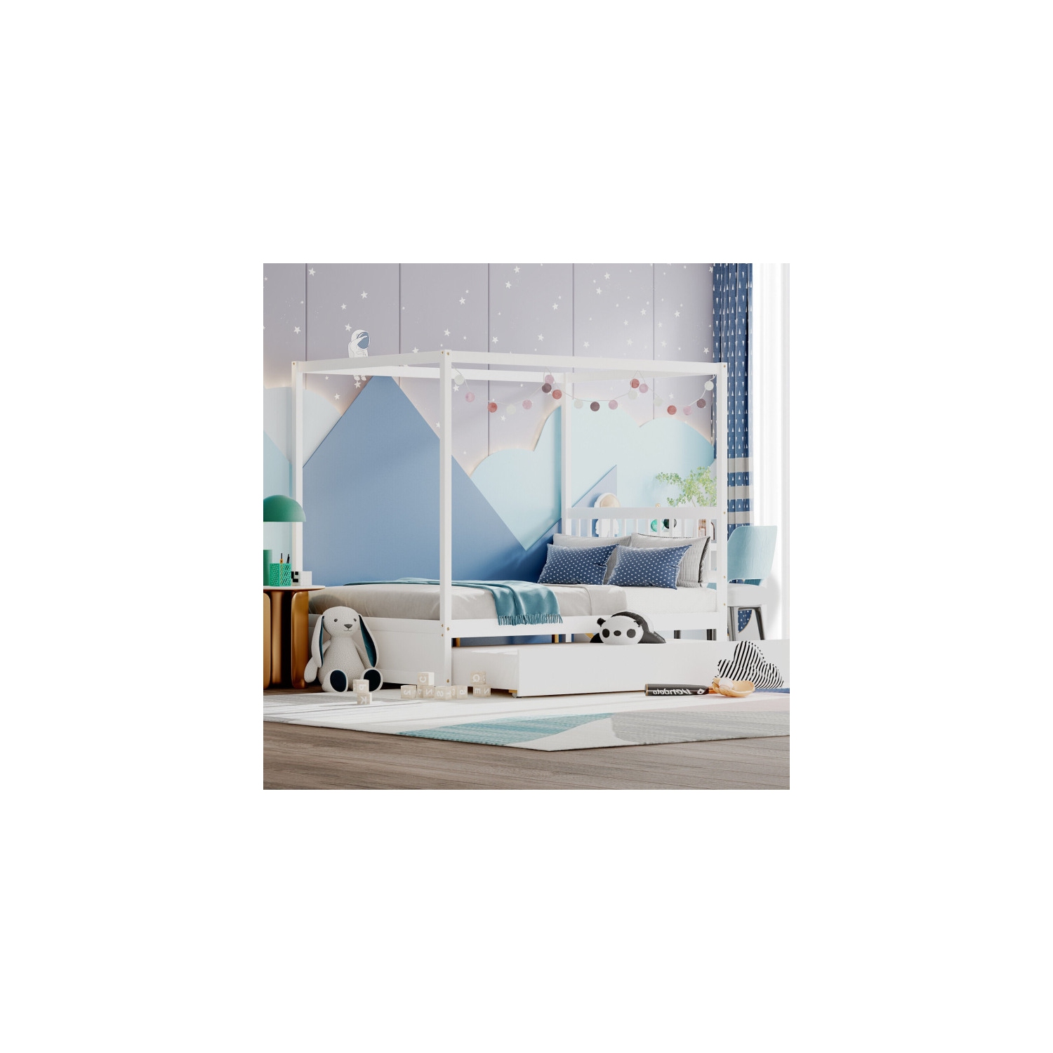 Kids Canopy Bed Frame with Trundle and Headboard – Metal Bed with Underbed Sleeper