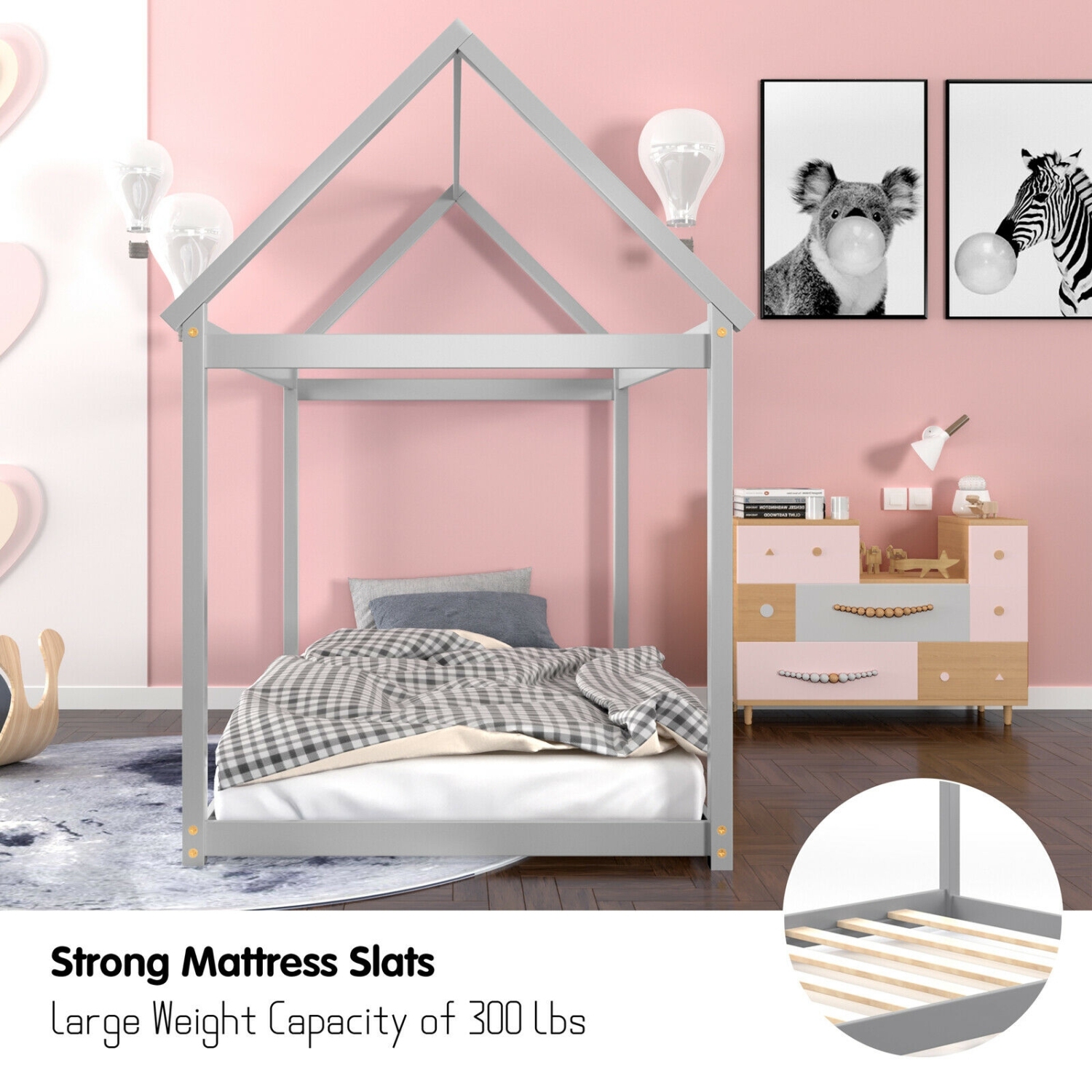 Lit plateforme pour enfants avec toit et base à lattes durable