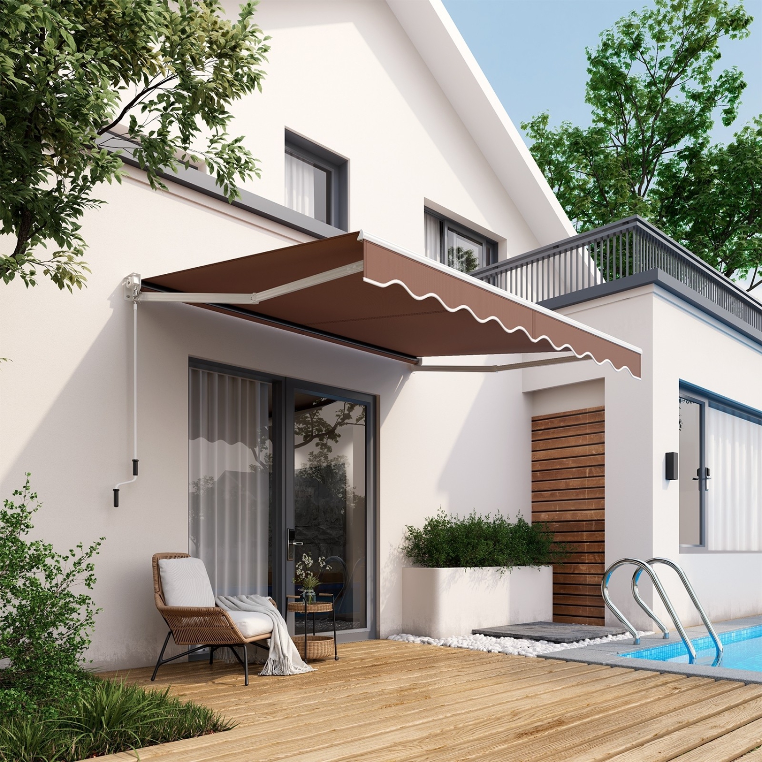 Auvent rétractable de 8 x 6.6 pi avec poignée à manivelle manuelle – Café