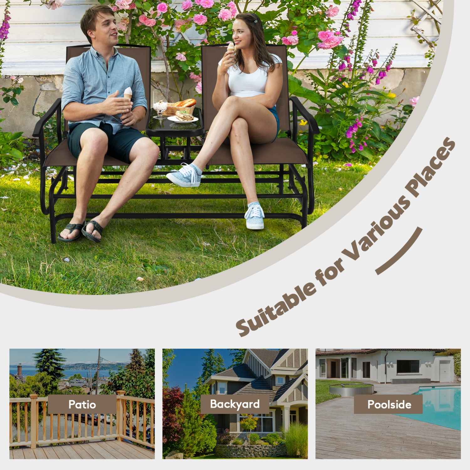 2-Person Outdoor Double Rocking Loveseat with Breathable Mesh Seats and Built-In Tempered Glass Table