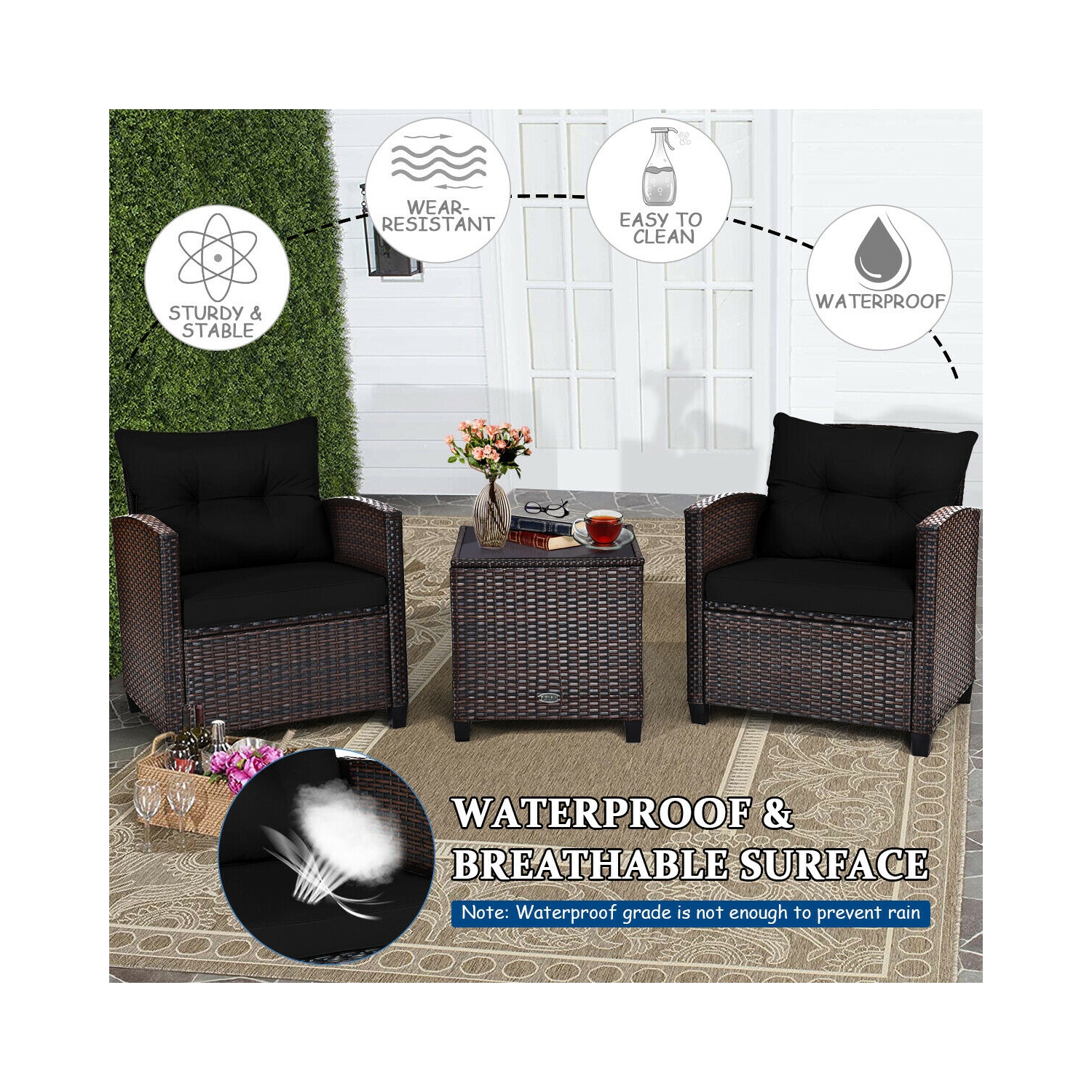 3-Piece Rattan Patio Furniture Set with Washable Cushions for Outdoor Comfort