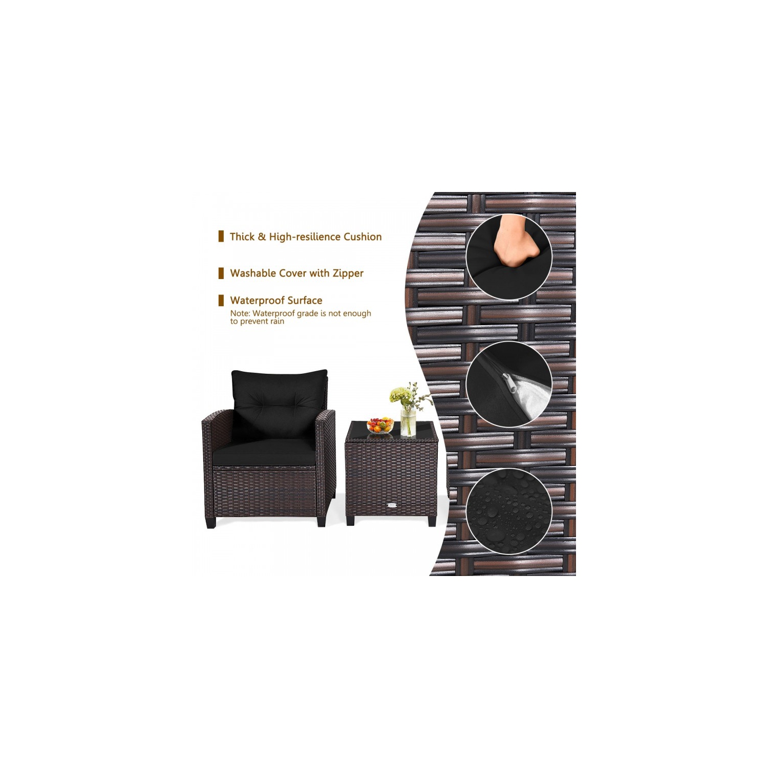 3-Piece Rattan Patio Furniture Set with Washable Cushions for Outdoor Comfort