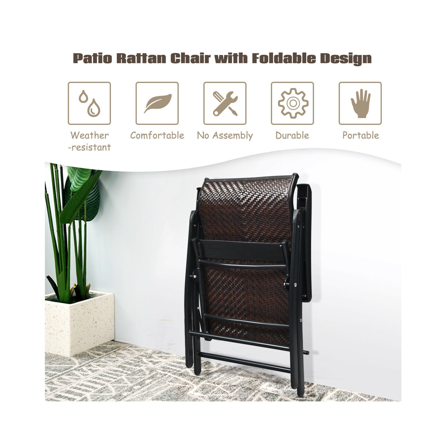 Patio Rattan Folding Chair with Armrest