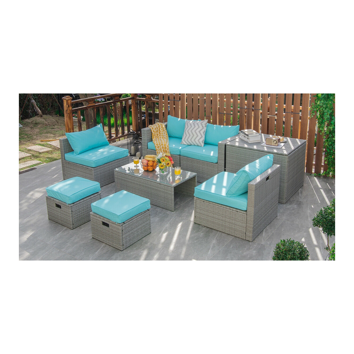 8-Piece Rattan Patio Furniture Set with Storage, Waterproof Cover and Cushions