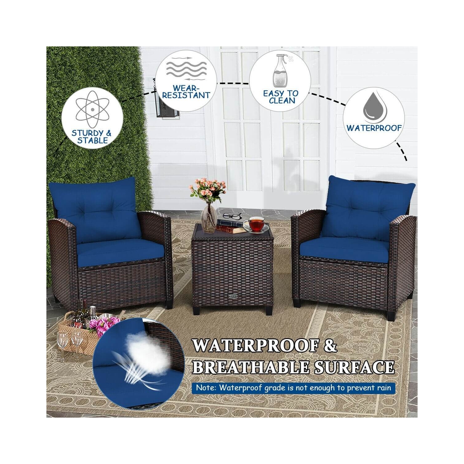 3-Piece Rattan Patio Furniture Set with Washable Cushions for Outdoor Comfort