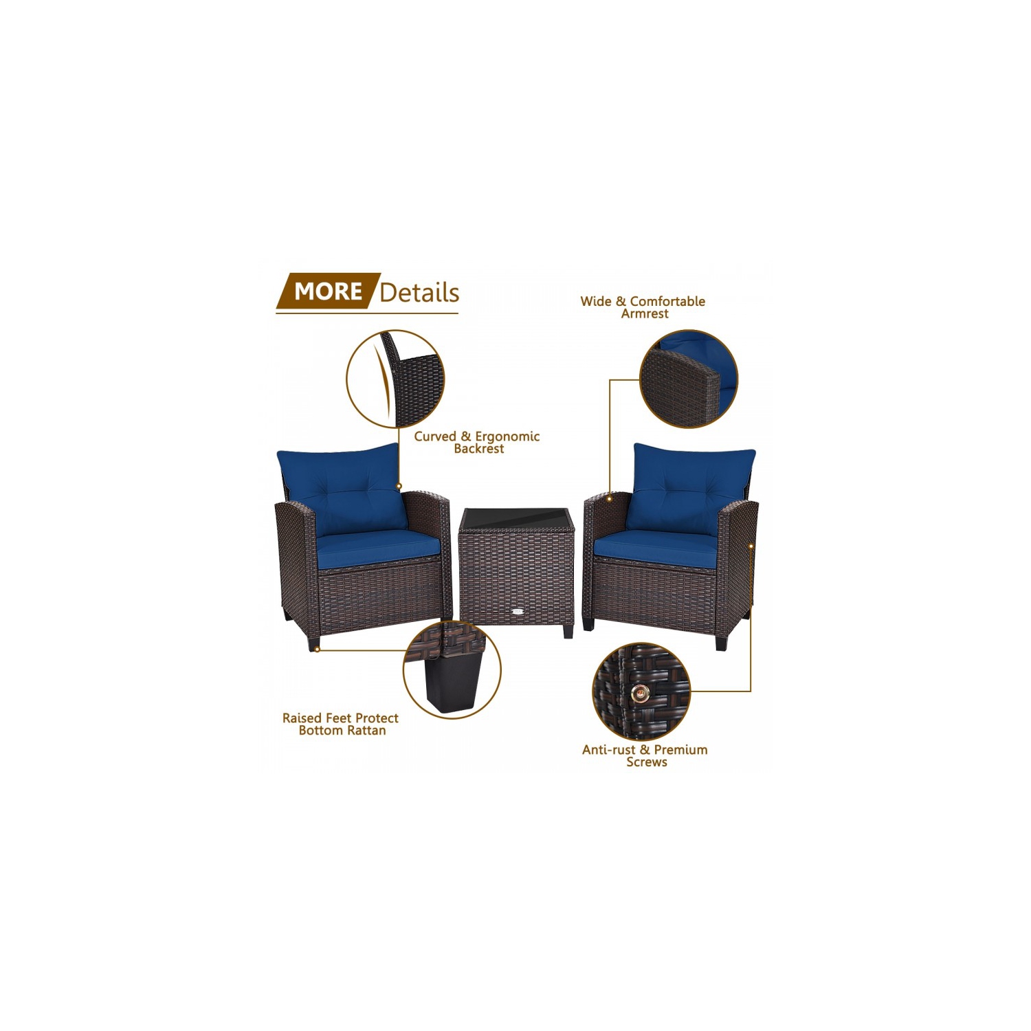 3-Piece Rattan Patio Furniture Set with Washable Cushions for Outdoor Comfort