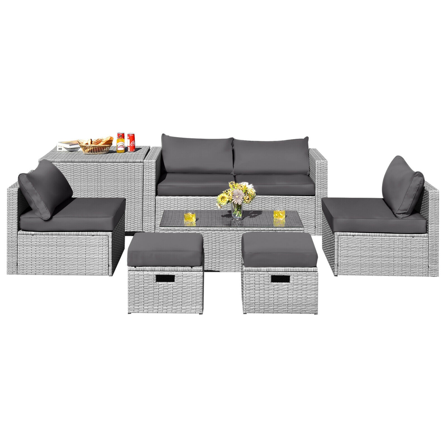 8-Piece Rattan Patio Furniture Set with Storage, Waterproof Cover and Cushions