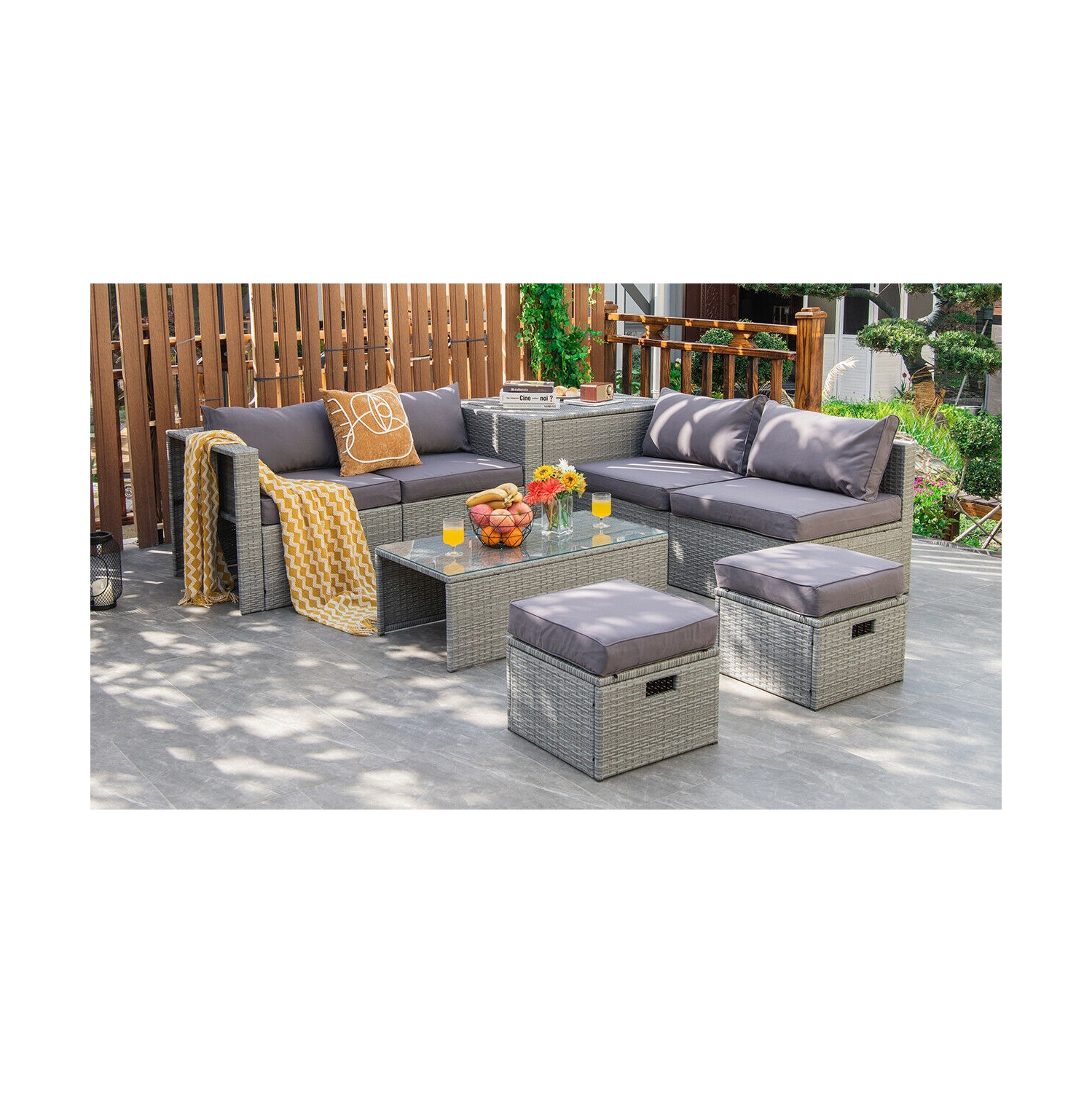 8-Piece Rattan Patio Furniture Set with Storage, Waterproof Cover and Cushions