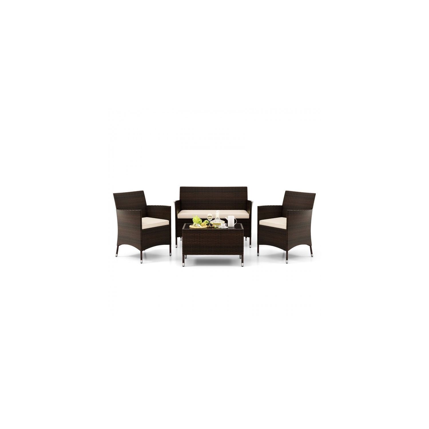 Patio 4-Piece Rattan Sofa Set with Comfortable Cushions and Glass Table