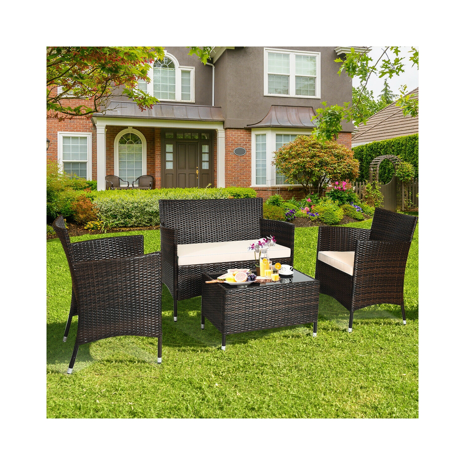 Patio 4-Piece Rattan Sofa Set with Comfortable Cushions and Glass Table