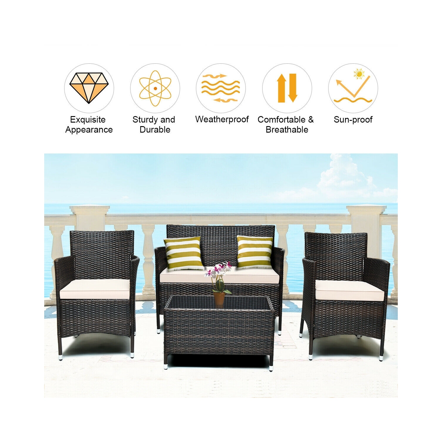 Patio 4-Piece Rattan Sofa Set with Comfortable Cushions and Glass Table