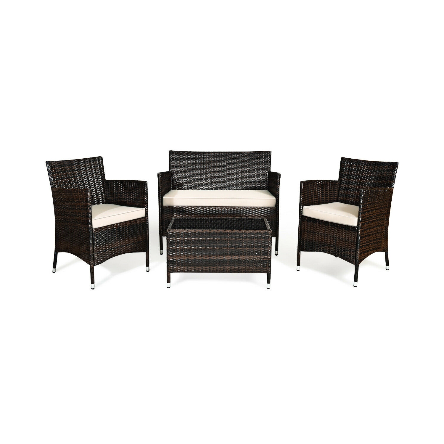 Patio 4-Piece Rattan Sofa Set with Comfortable Cushions and Glass Table