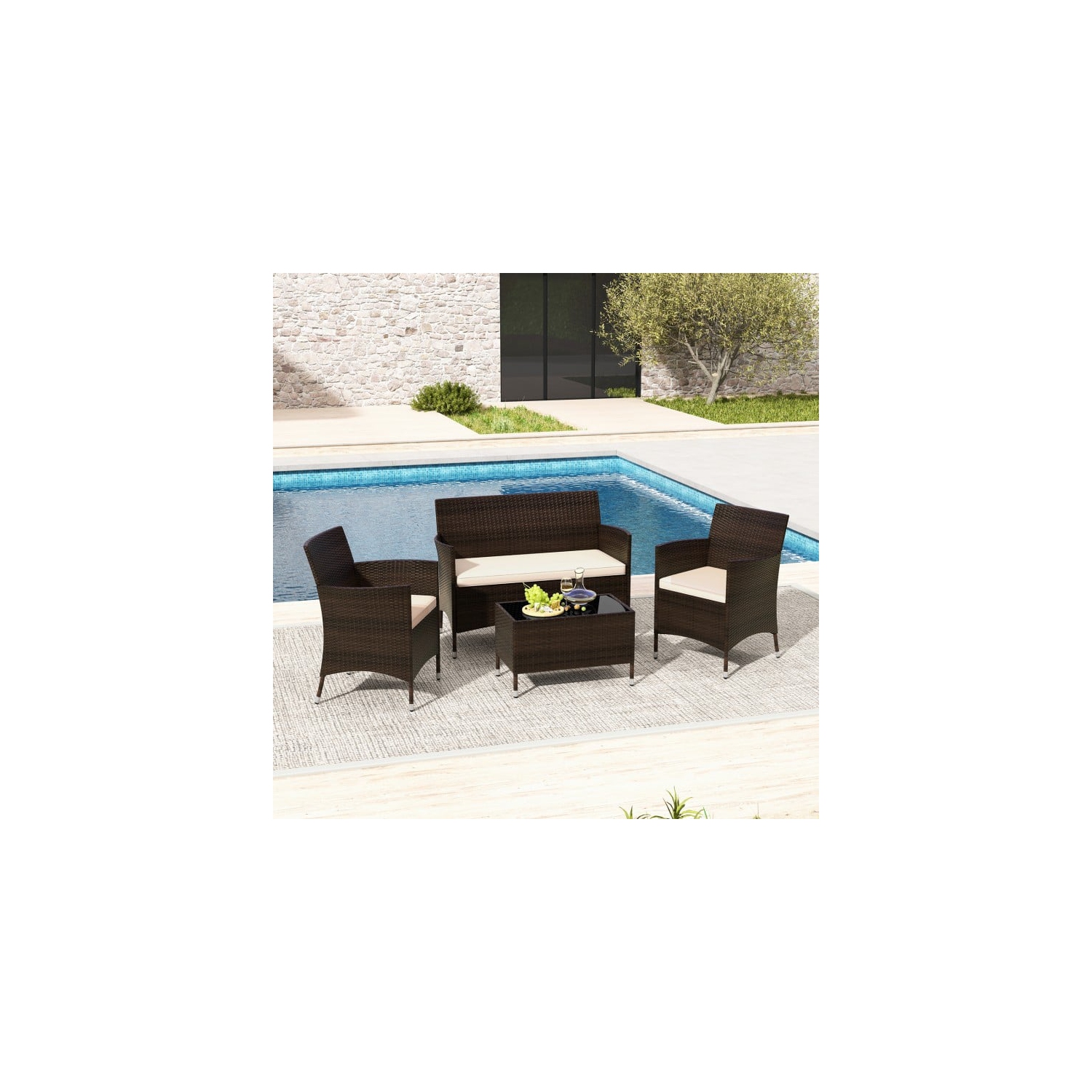 Patio 4-Piece Rattan Sofa Set with Comfortable Cushions and Glass Table