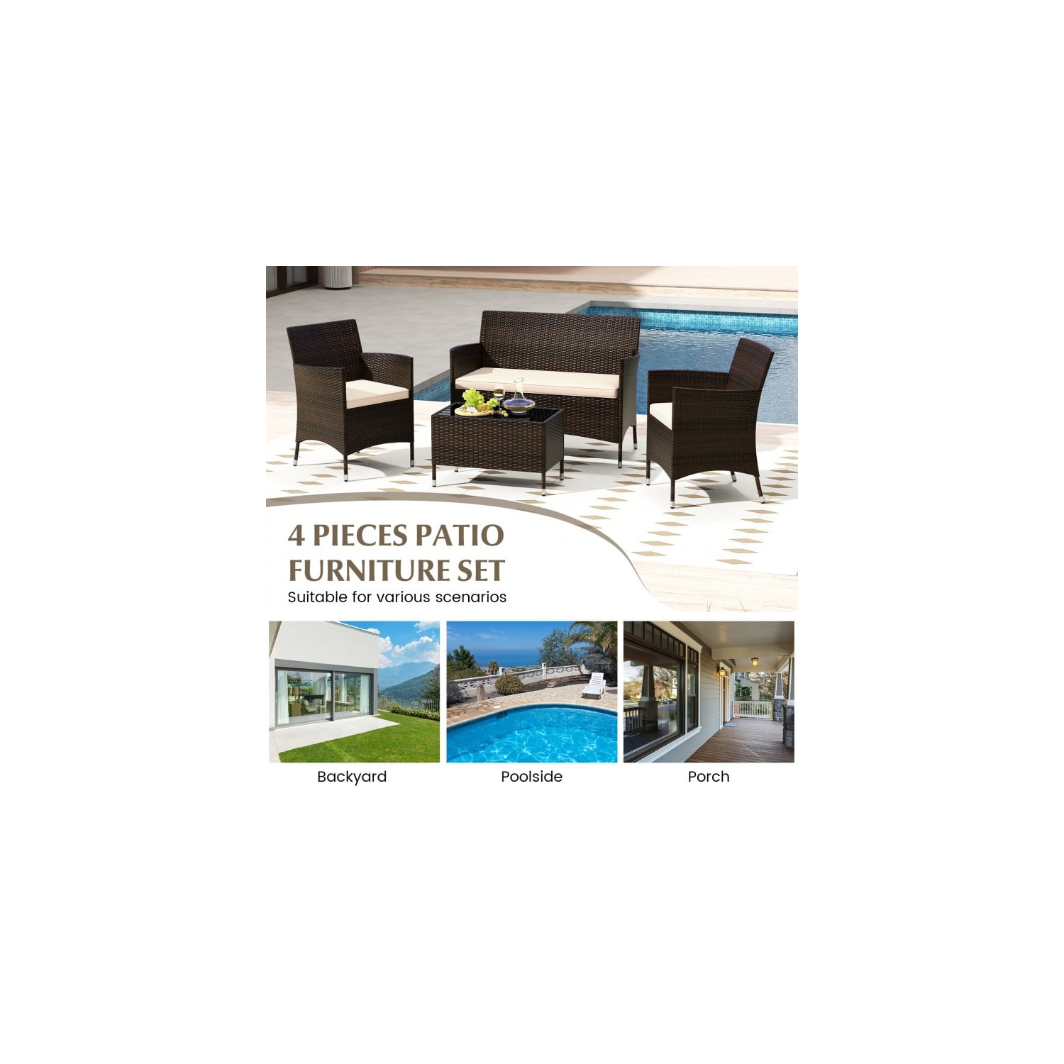 Patio 4-Piece Rattan Sofa Set with Comfortable Cushions and Glass Table