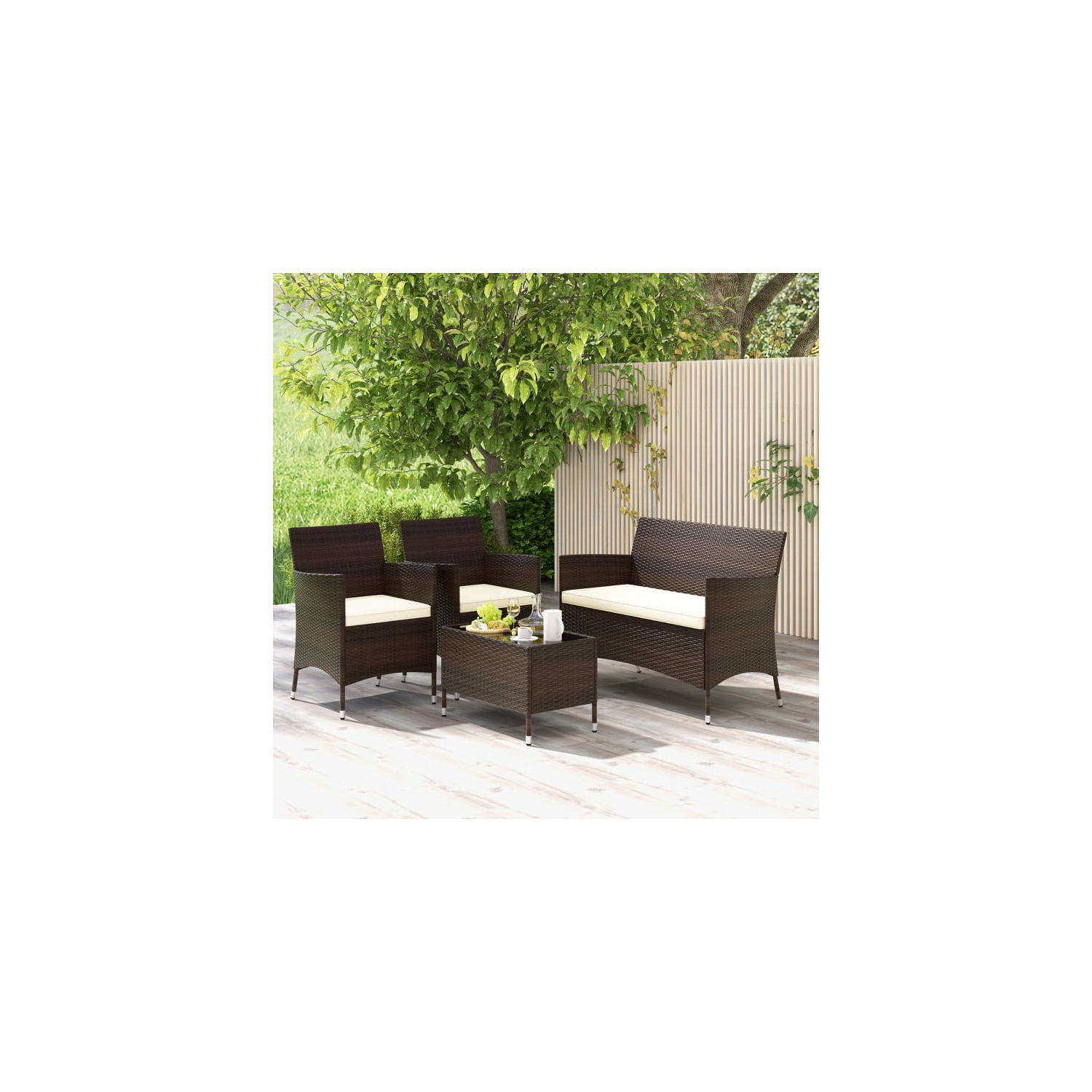 Patio 4-Piece Rattan Sofa Set with Comfortable Cushions and Glass Table